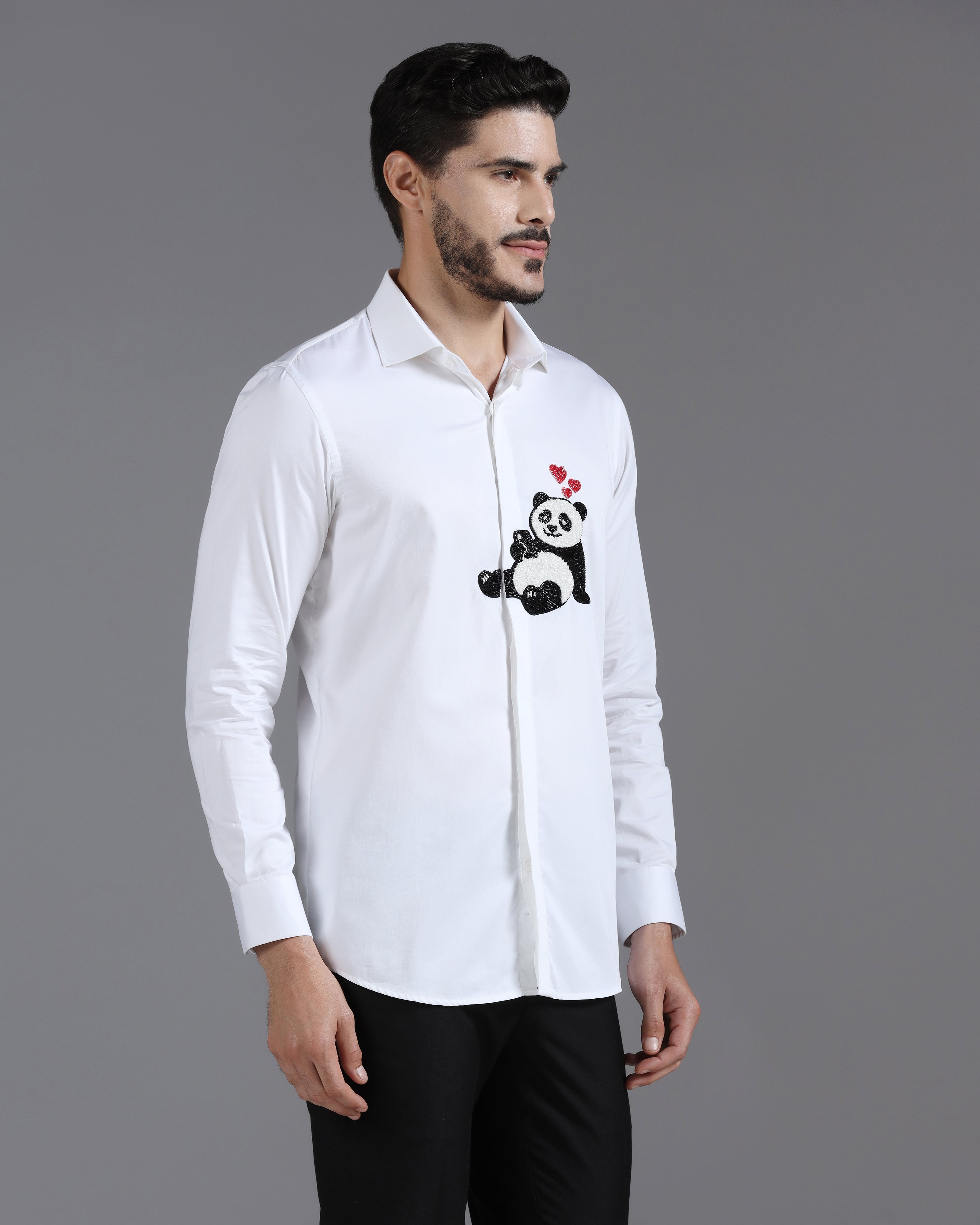 White Cotton Shirt with Hand-Embroidered Panda and Heart Detail