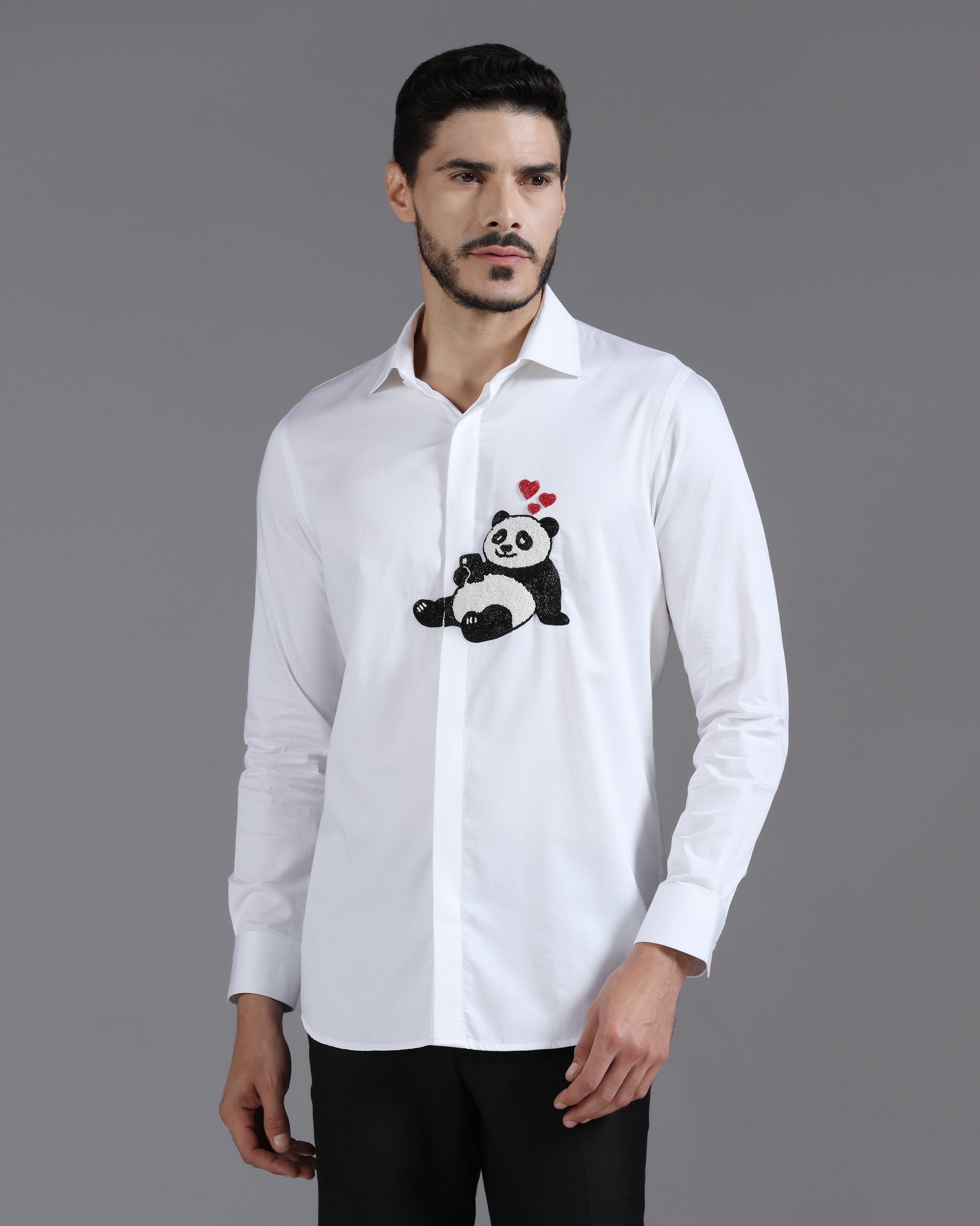 White Cotton Shirt with Hand-Embroidered Panda and Heart Detail