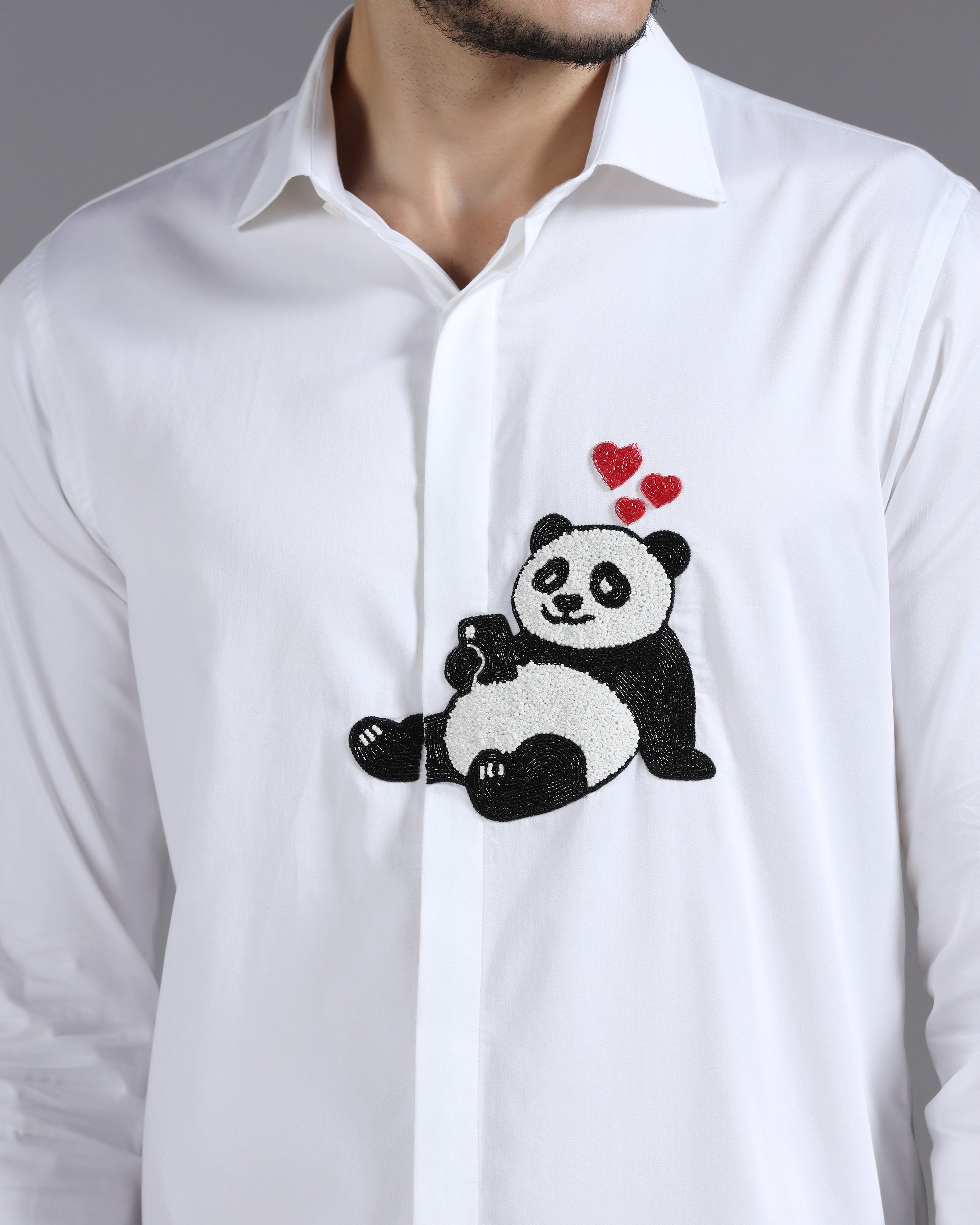 White Cotton Shirt with Hand-Embroidered Panda and Heart Detail