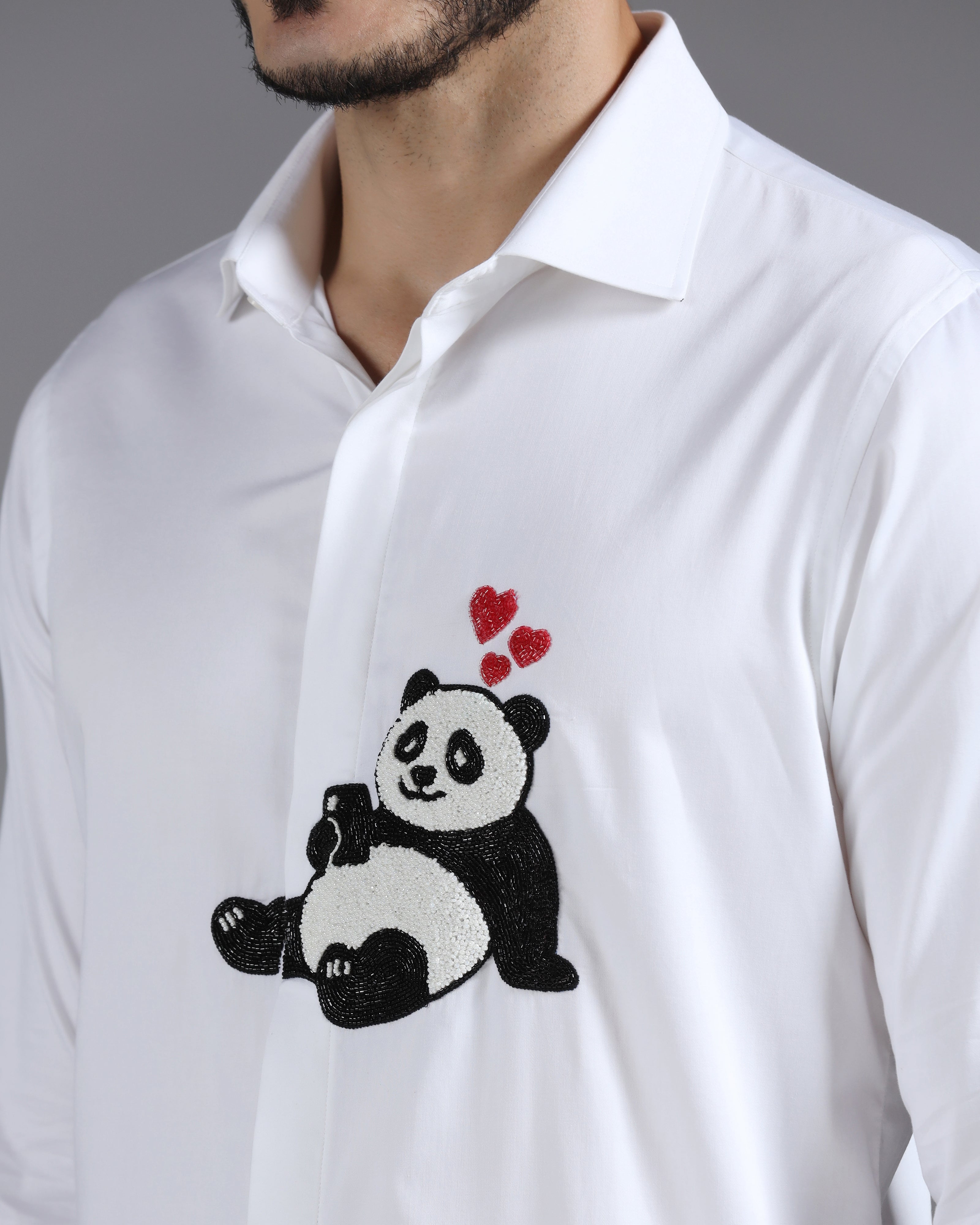 White Cotton Shirt with Hand-Embroidered Panda and Heart Detail
