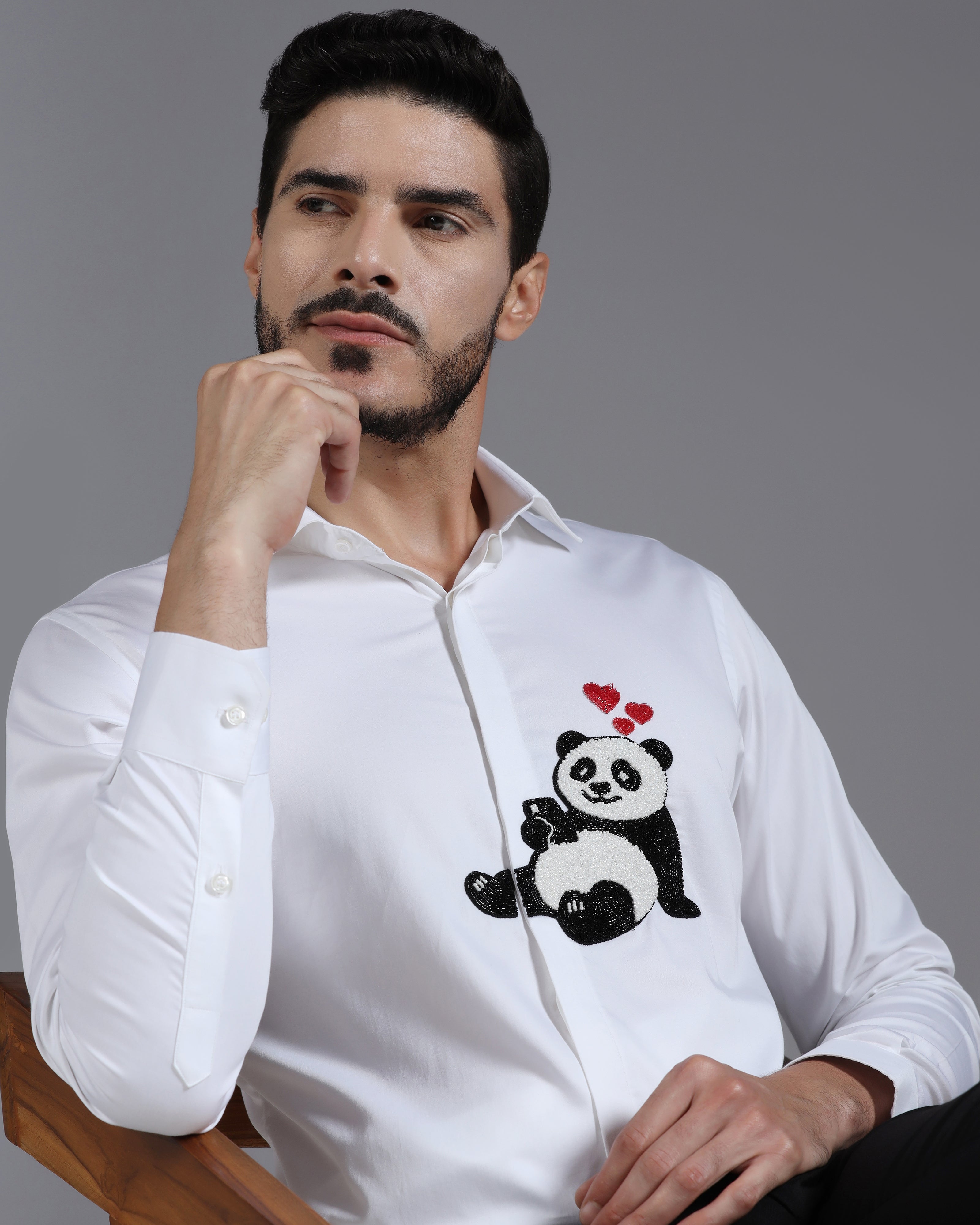 White Cotton Shirt with Hand-Embroidered Panda and Heart Detail
