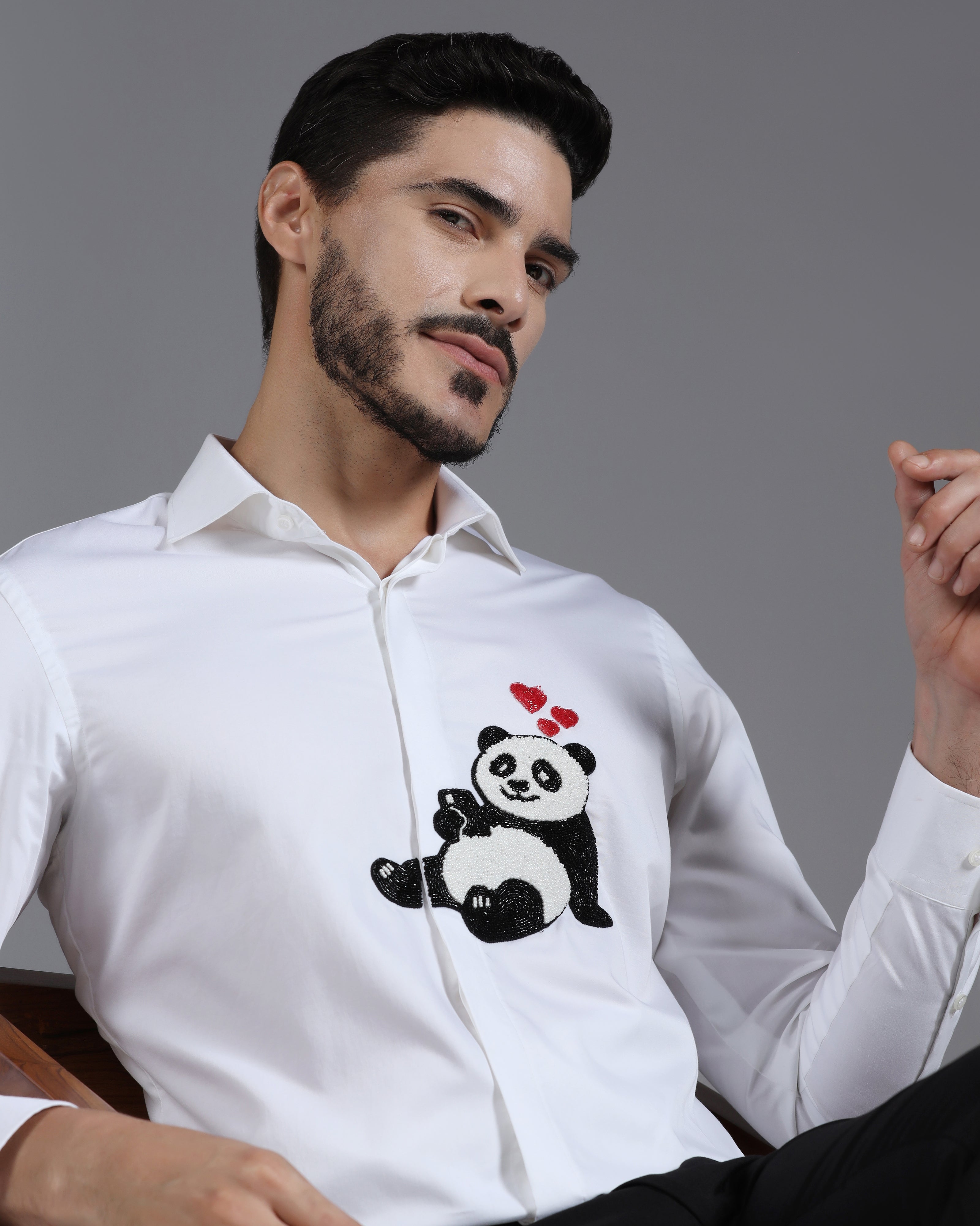 White Cotton Shirt with Hand-Embroidered Panda and Heart Detail
