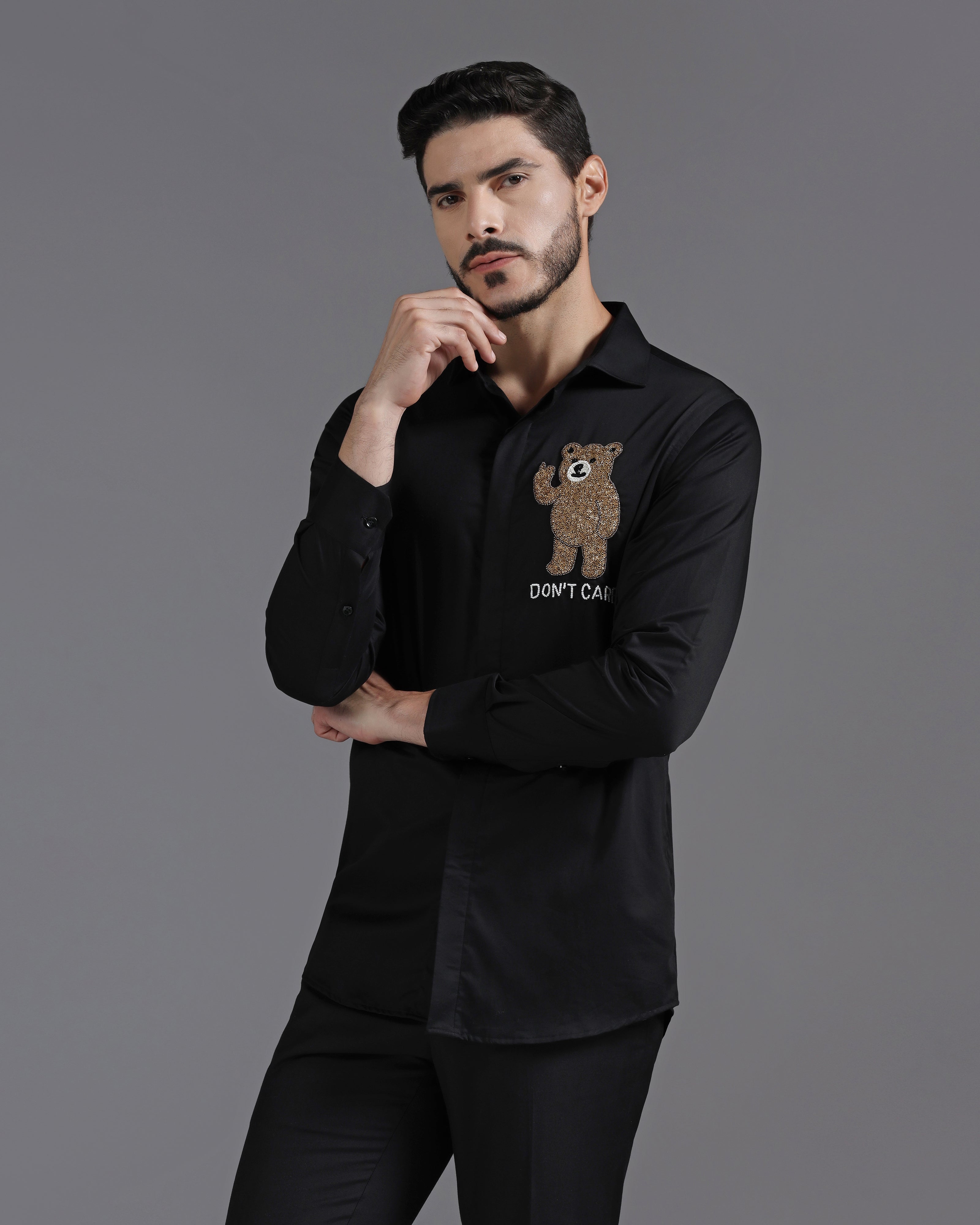 Black Cotton Shirt with Hand-Embroidered “Don’t Care” Bear Motif