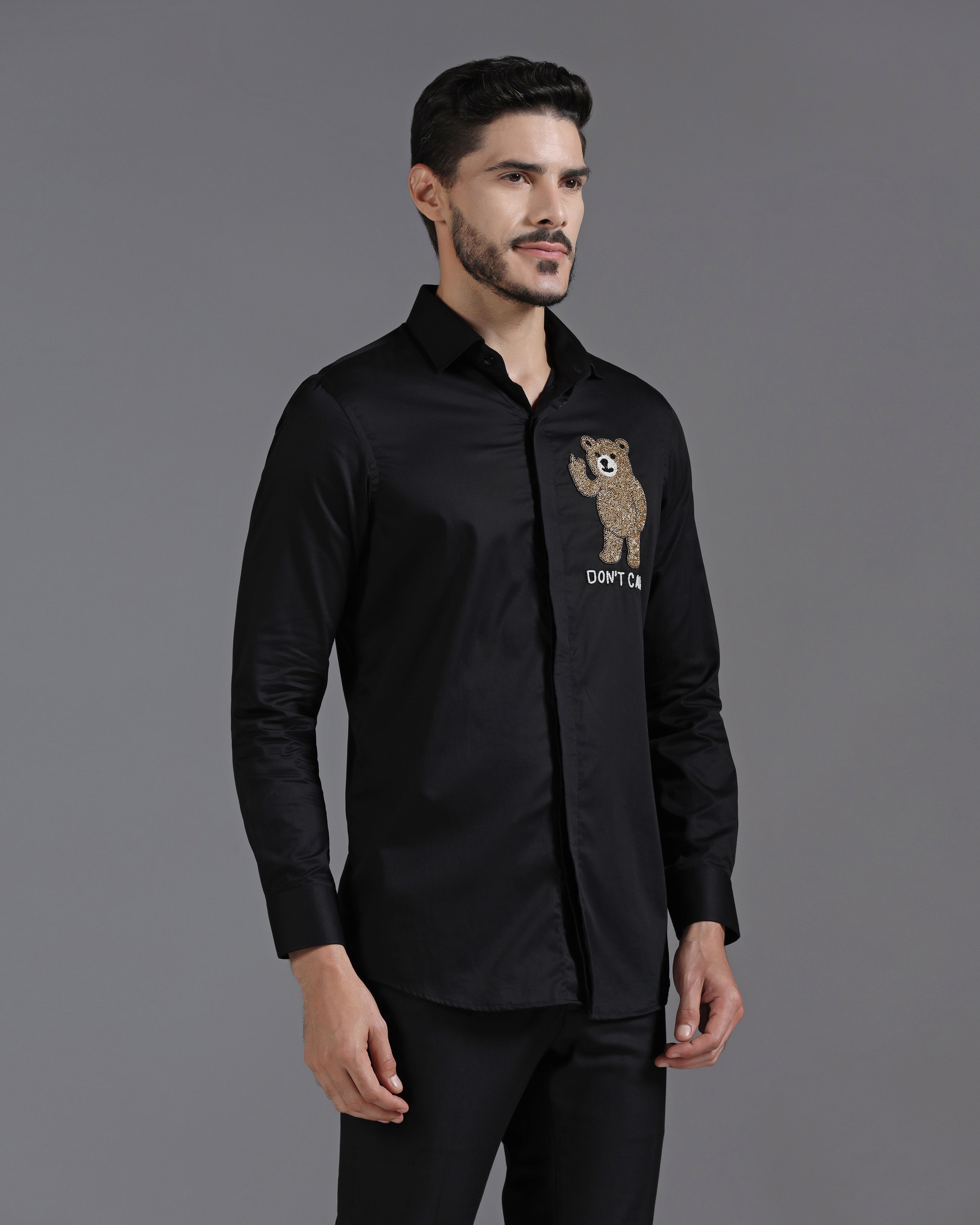 Black Cotton Shirt with Hand-Embroidered “Don’t Care” Bear Motif