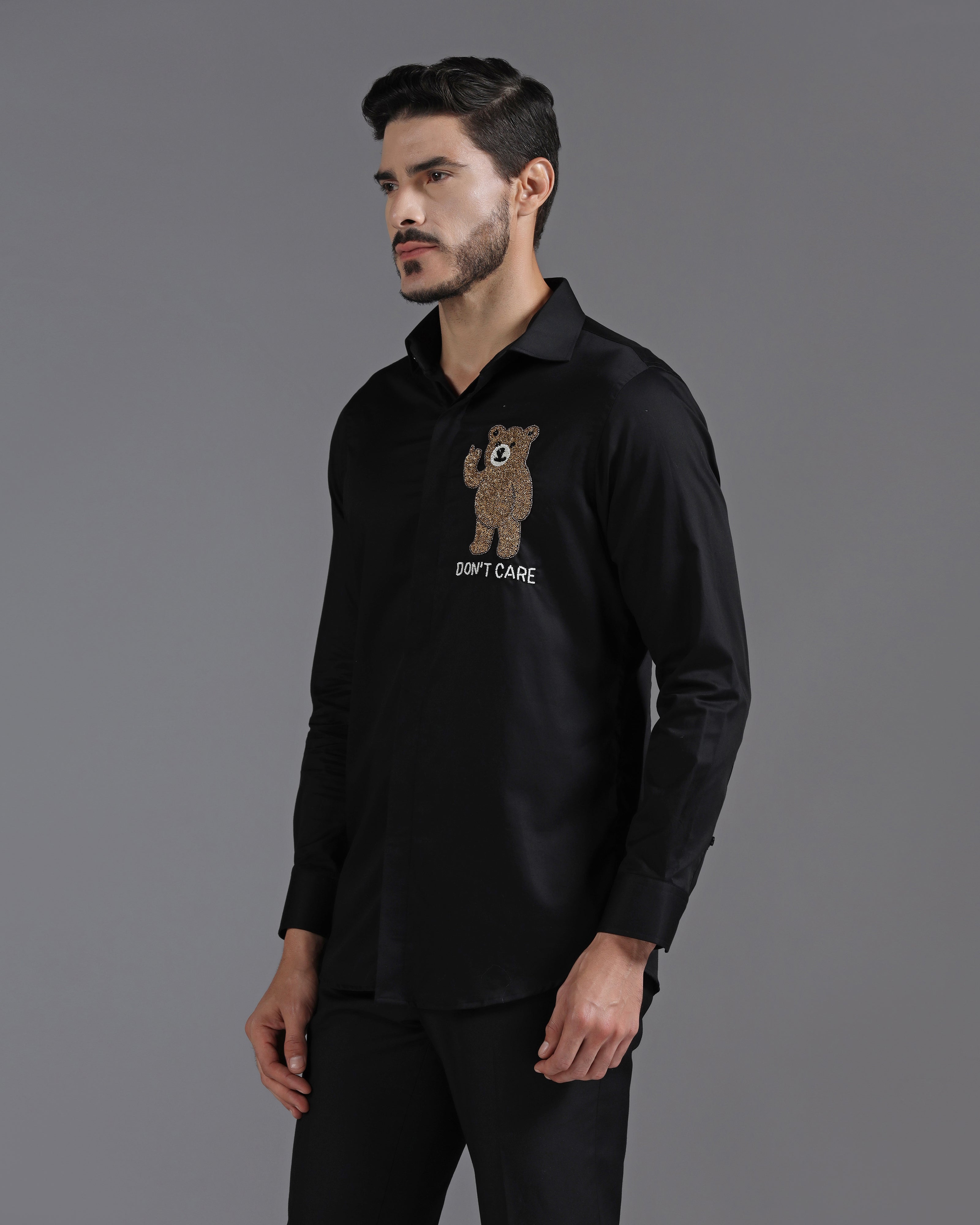 Black Cotton Shirt with Hand-Embroidered “Don’t Care” Bear Motif