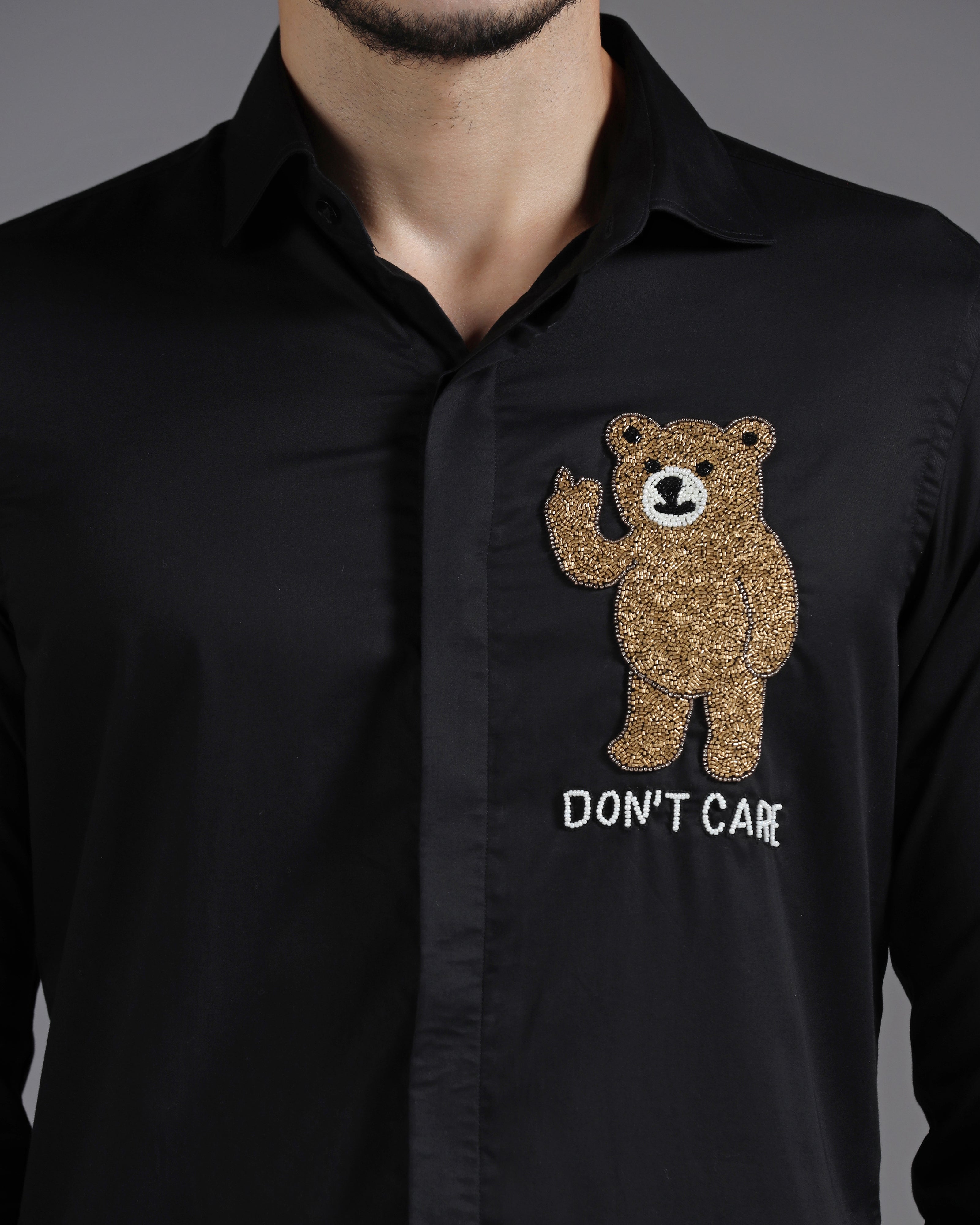 Black Cotton Shirt with Hand-Embroidered “Don’t Care” Bear Motif