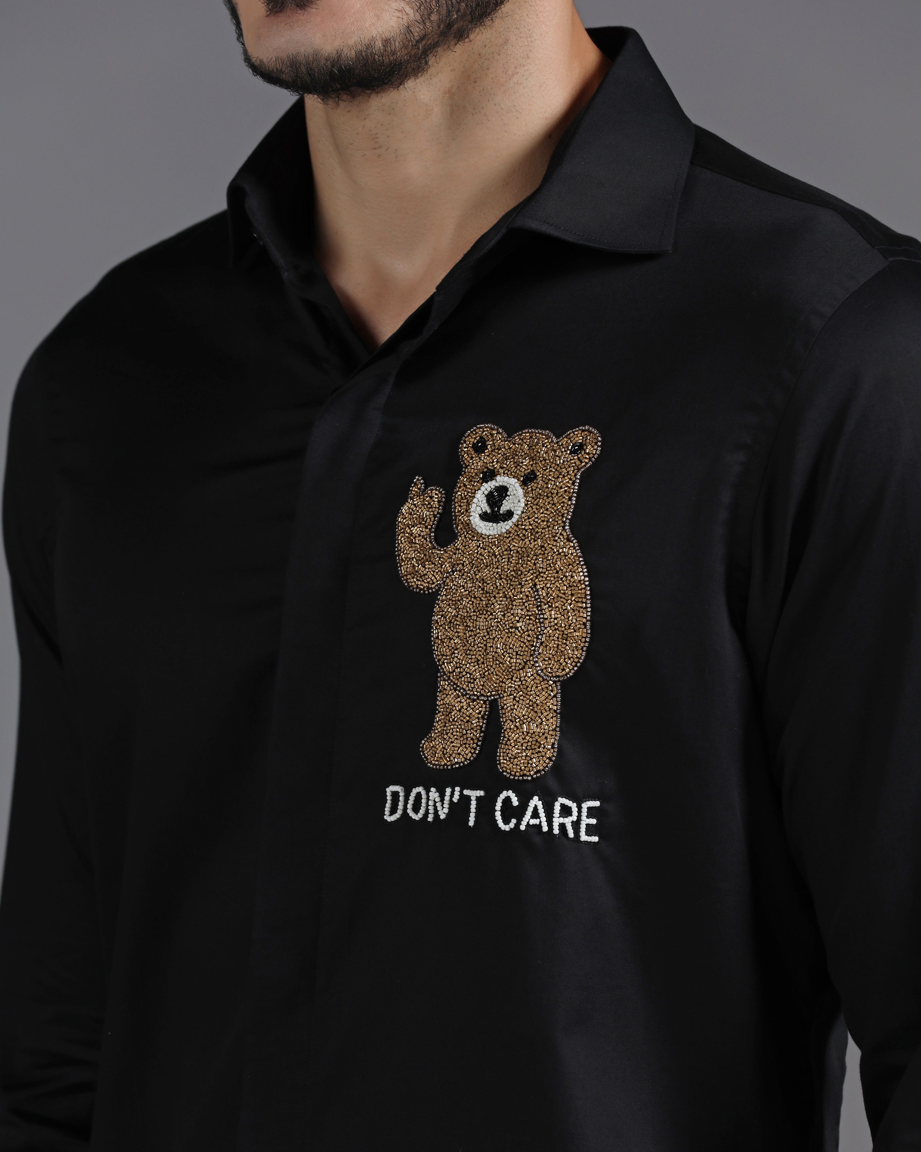 Black Cotton Shirt with Hand-Embroidered “Don’t Care” Bear Motif