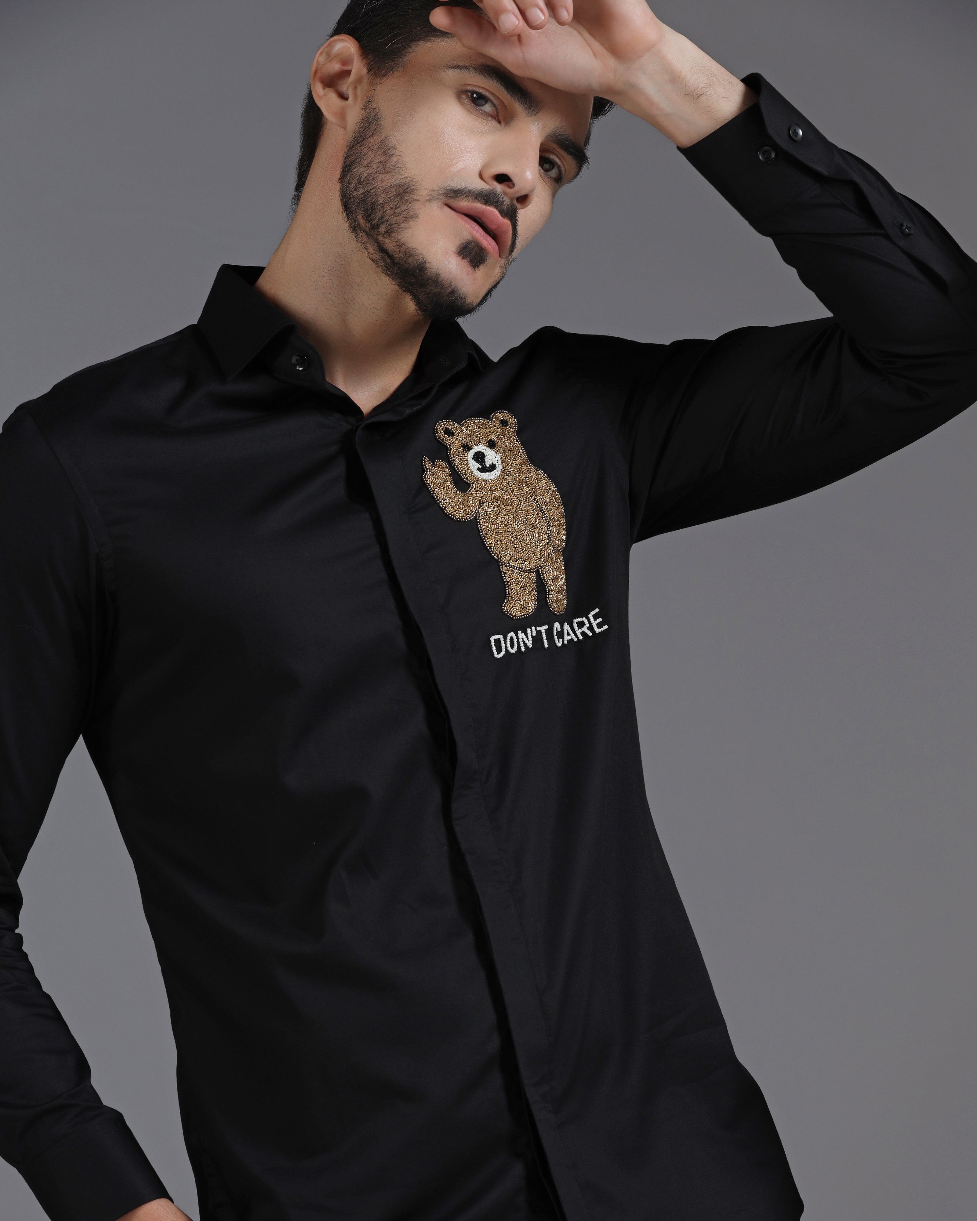 Black Cotton Shirt with Hand-Embroidered “Don’t Care” Bear Motif