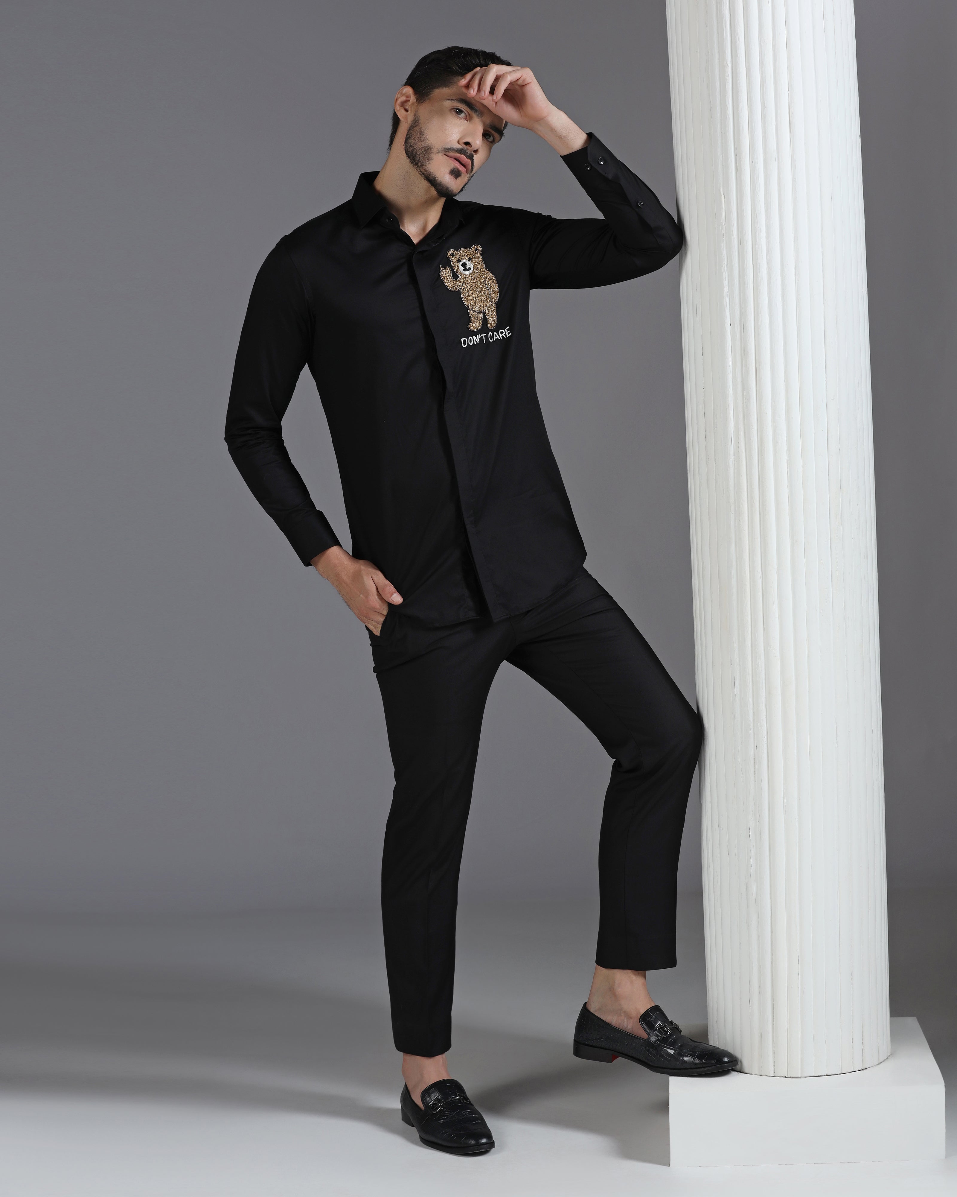 Black Cotton Shirt with Hand-Embroidered “Don’t Care” Bear Motif
