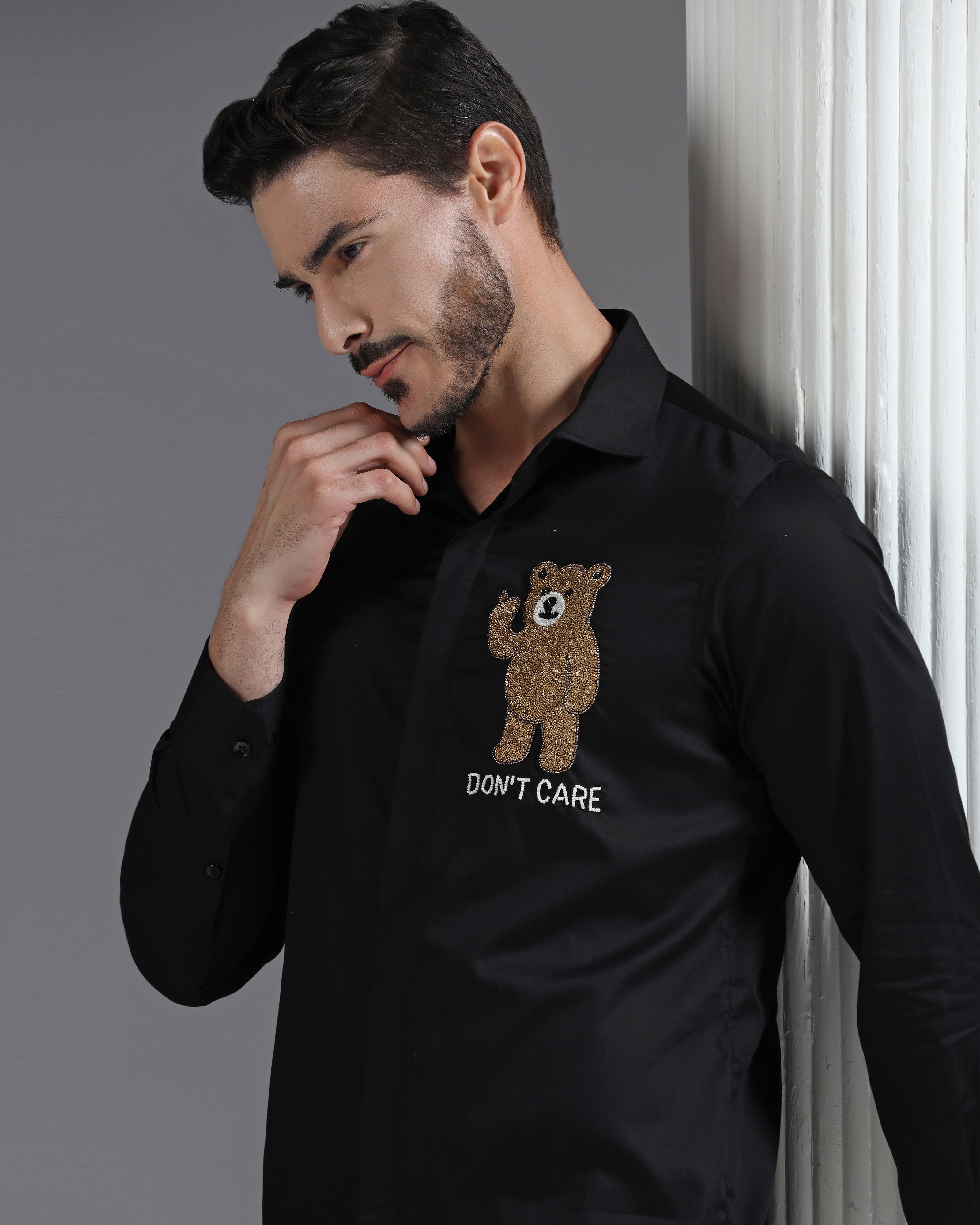 Black Cotton Shirt with Hand-Embroidered “Don’t Care” Bear Motif