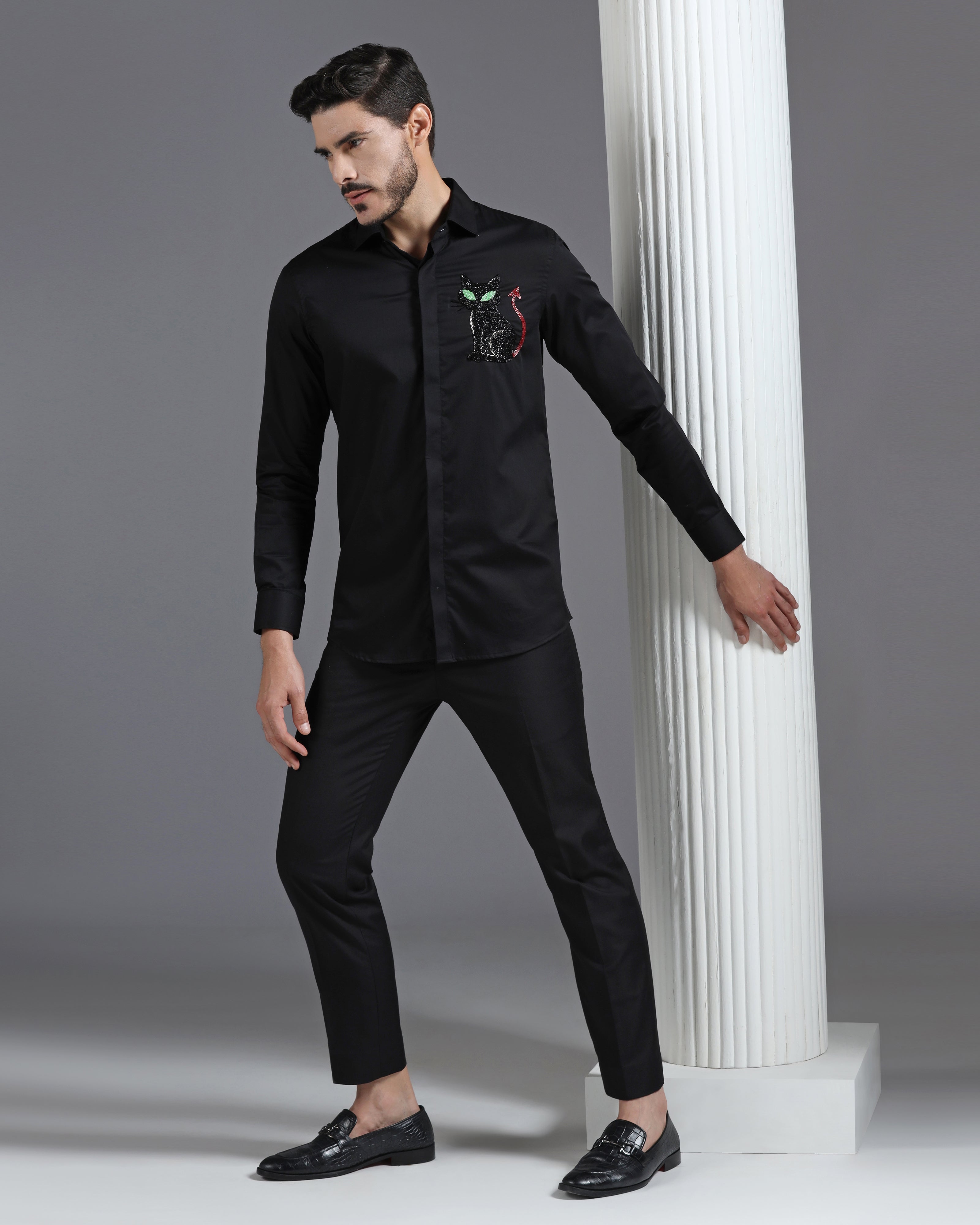 Black Cotton Shirt with Hand-Embroidered Devil Cat Motif