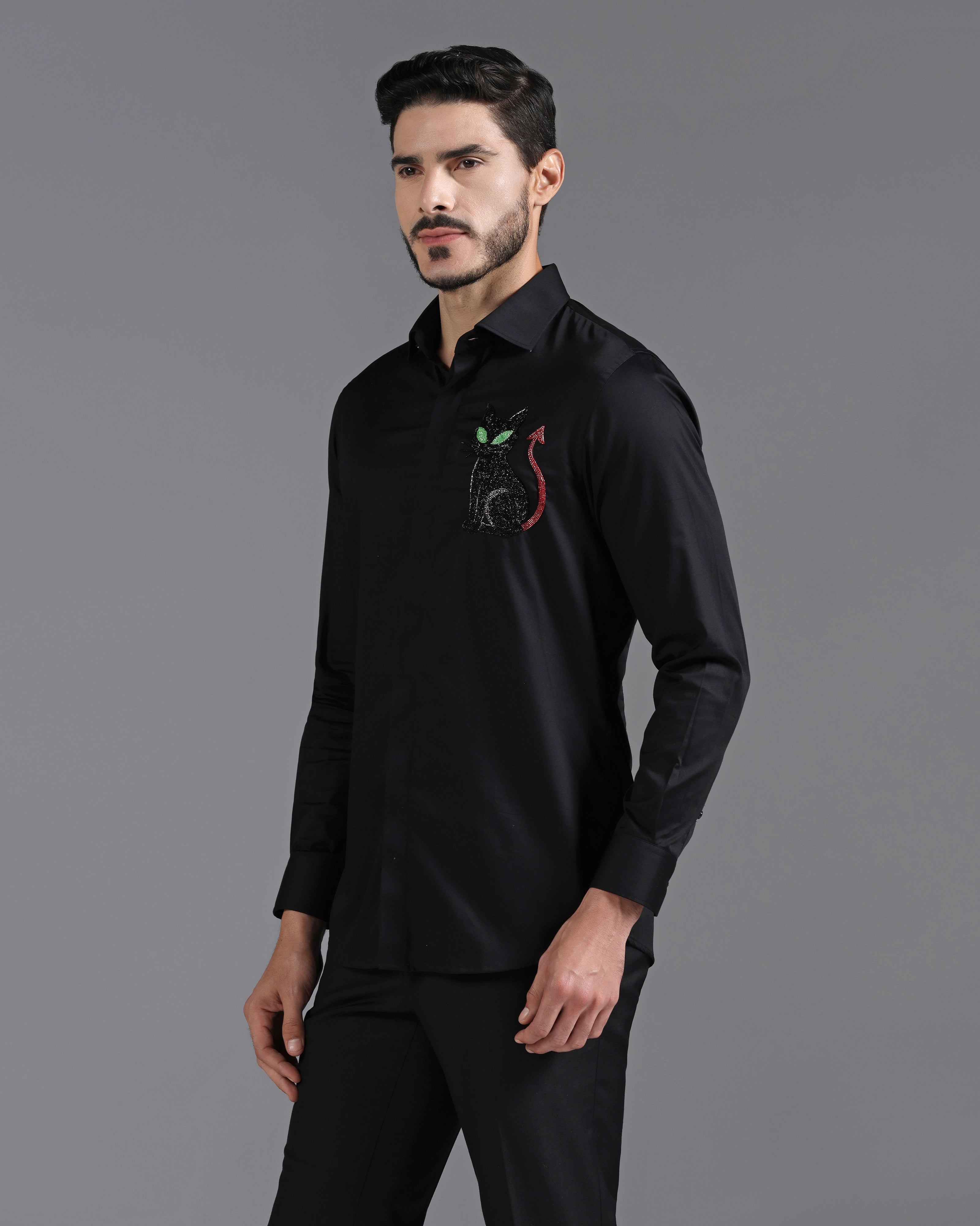 Black Cotton Shirt with Hand-Embroidered Devil Cat Motif