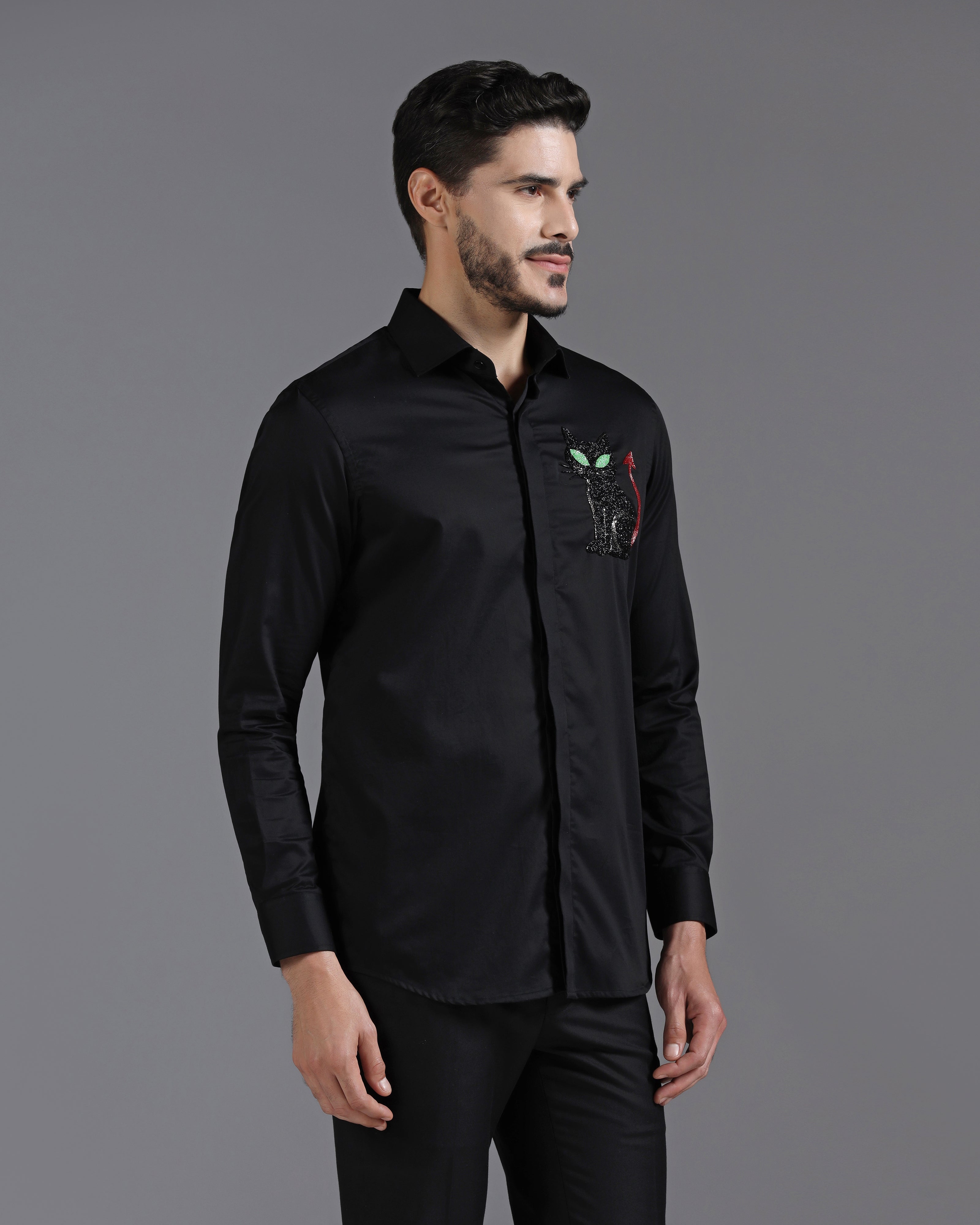 Black Cotton Shirt with Hand-Embroidered Devil Cat Motif