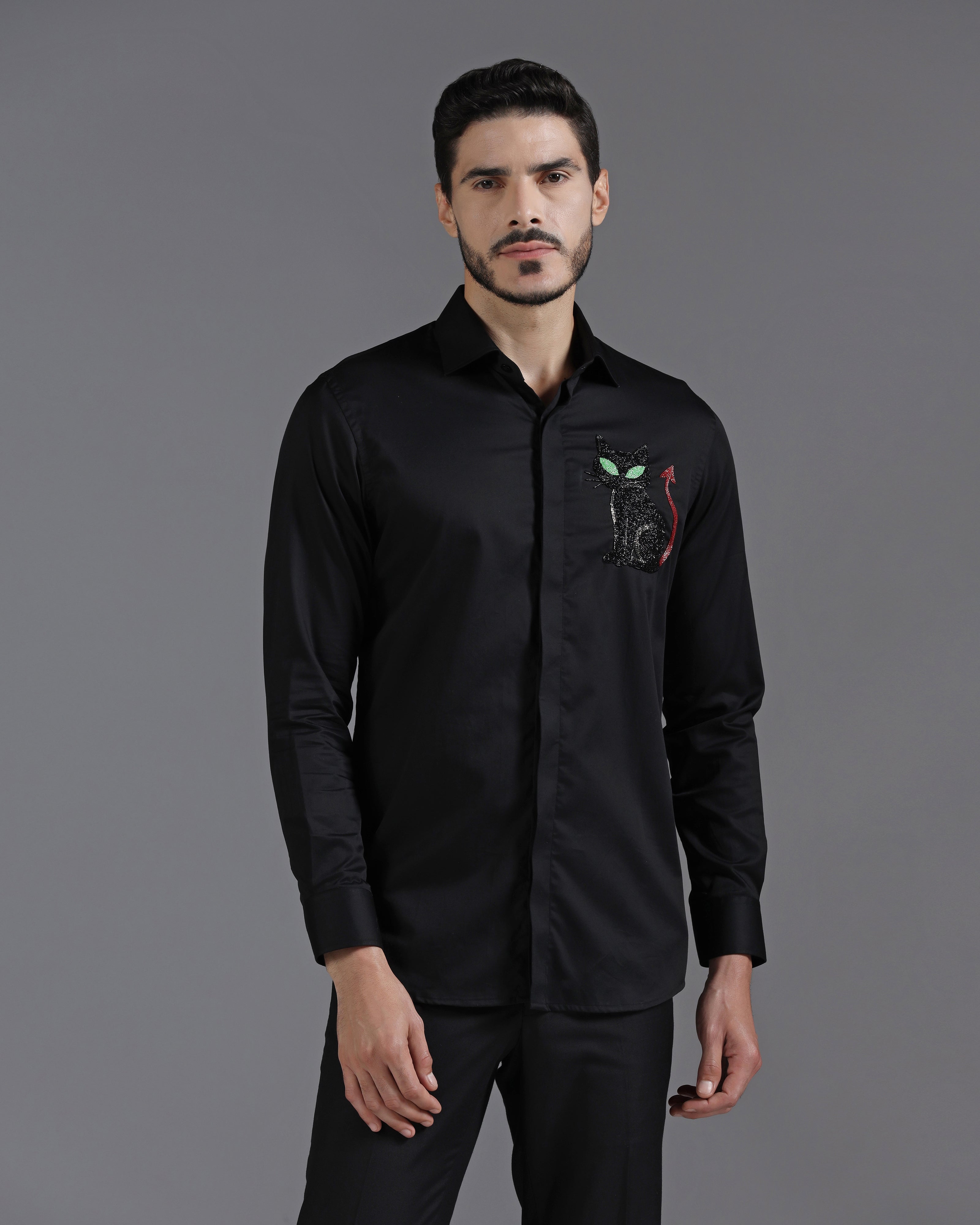 Black Cotton Shirt with Hand-Embroidered Devil Cat Motif