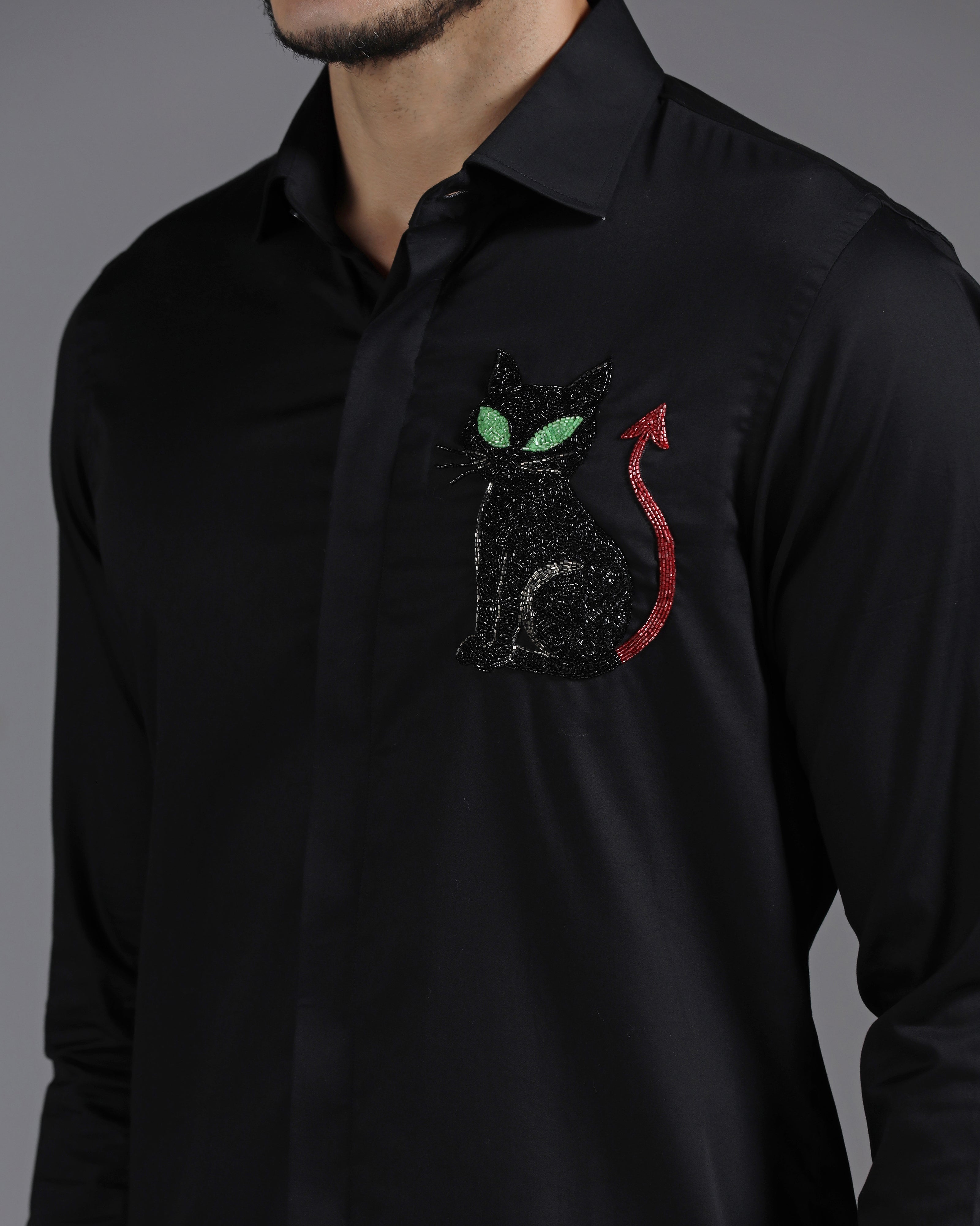 Black Cotton Shirt with Hand-Embroidered Devil Cat Motif