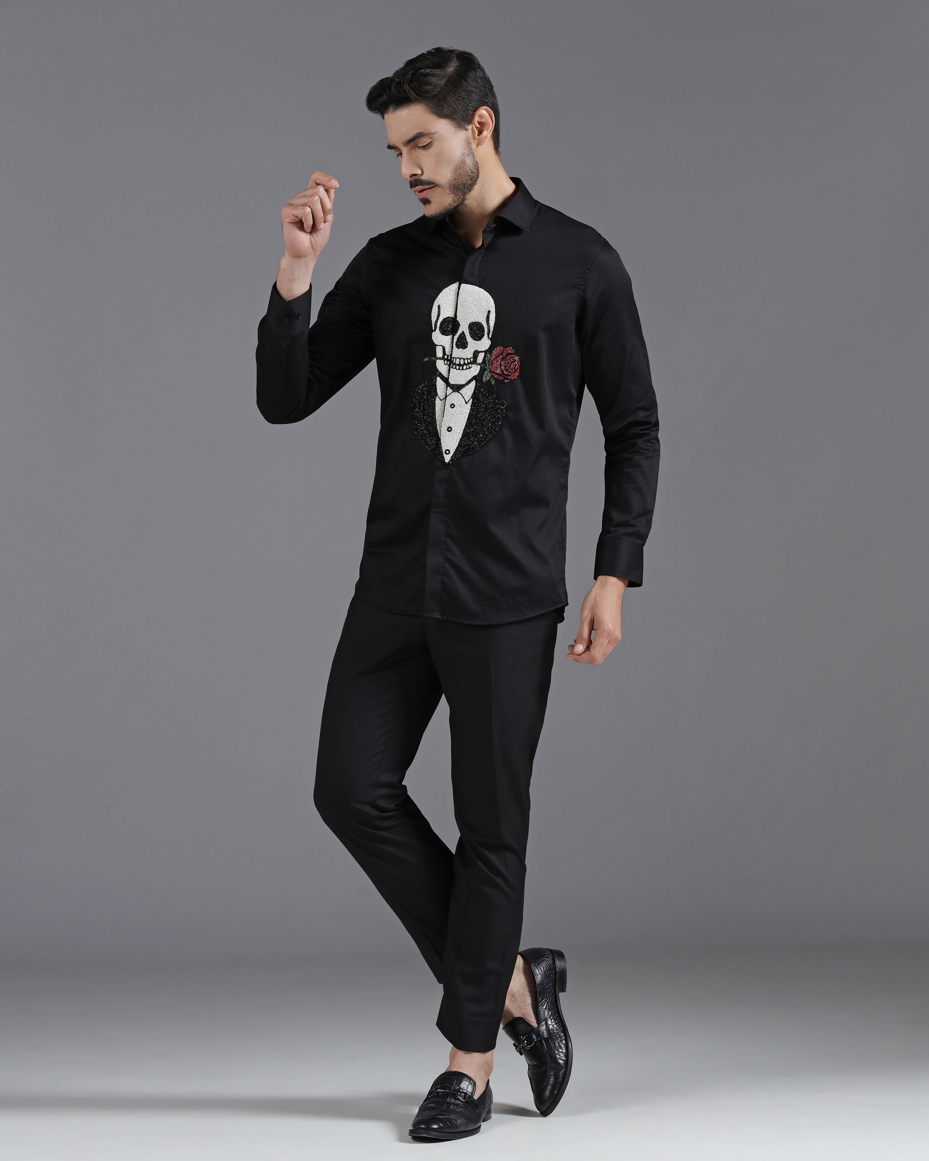 Black Cotton Shirt with Hand-Embroidered Skeleton and Rose Motif
