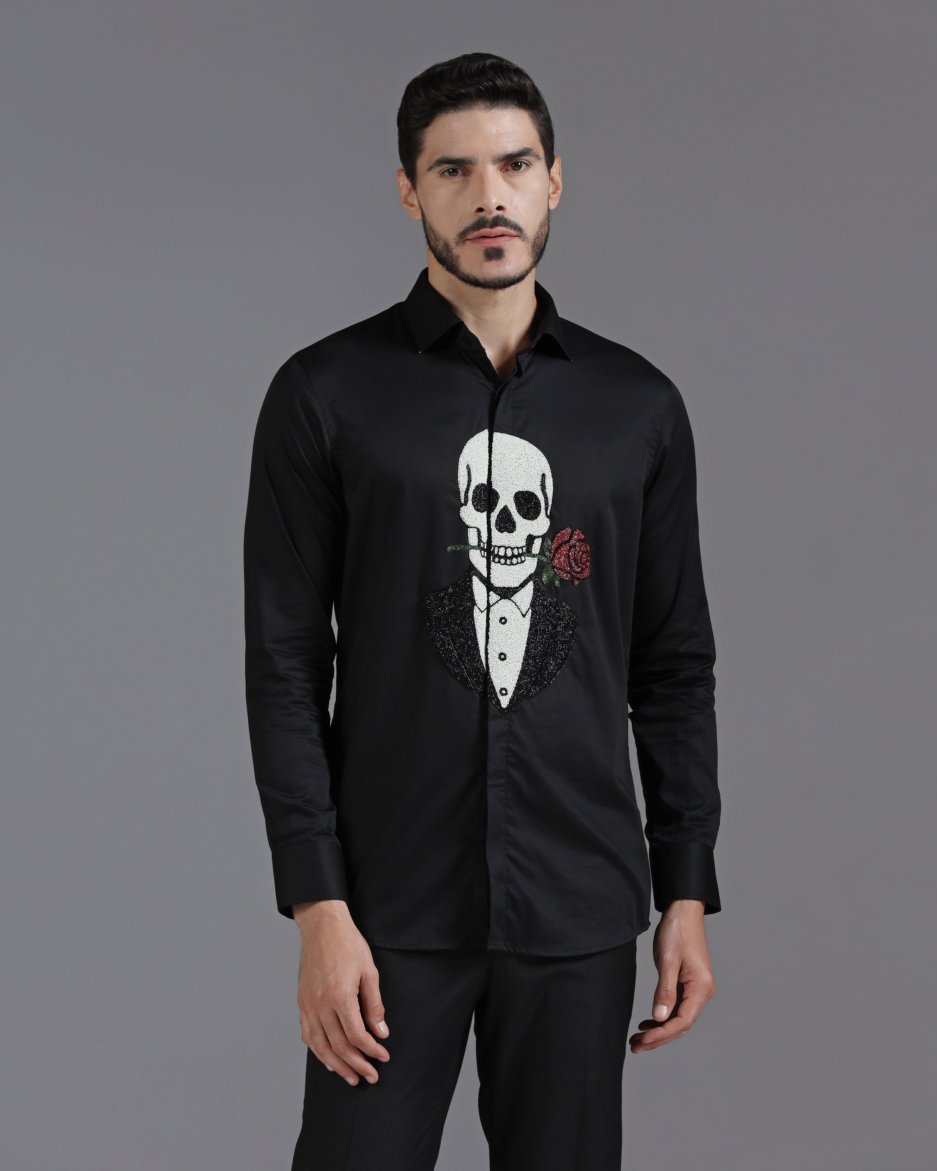 Black Cotton Shirt with Hand-Embroidered Skeleton and Rose Motif