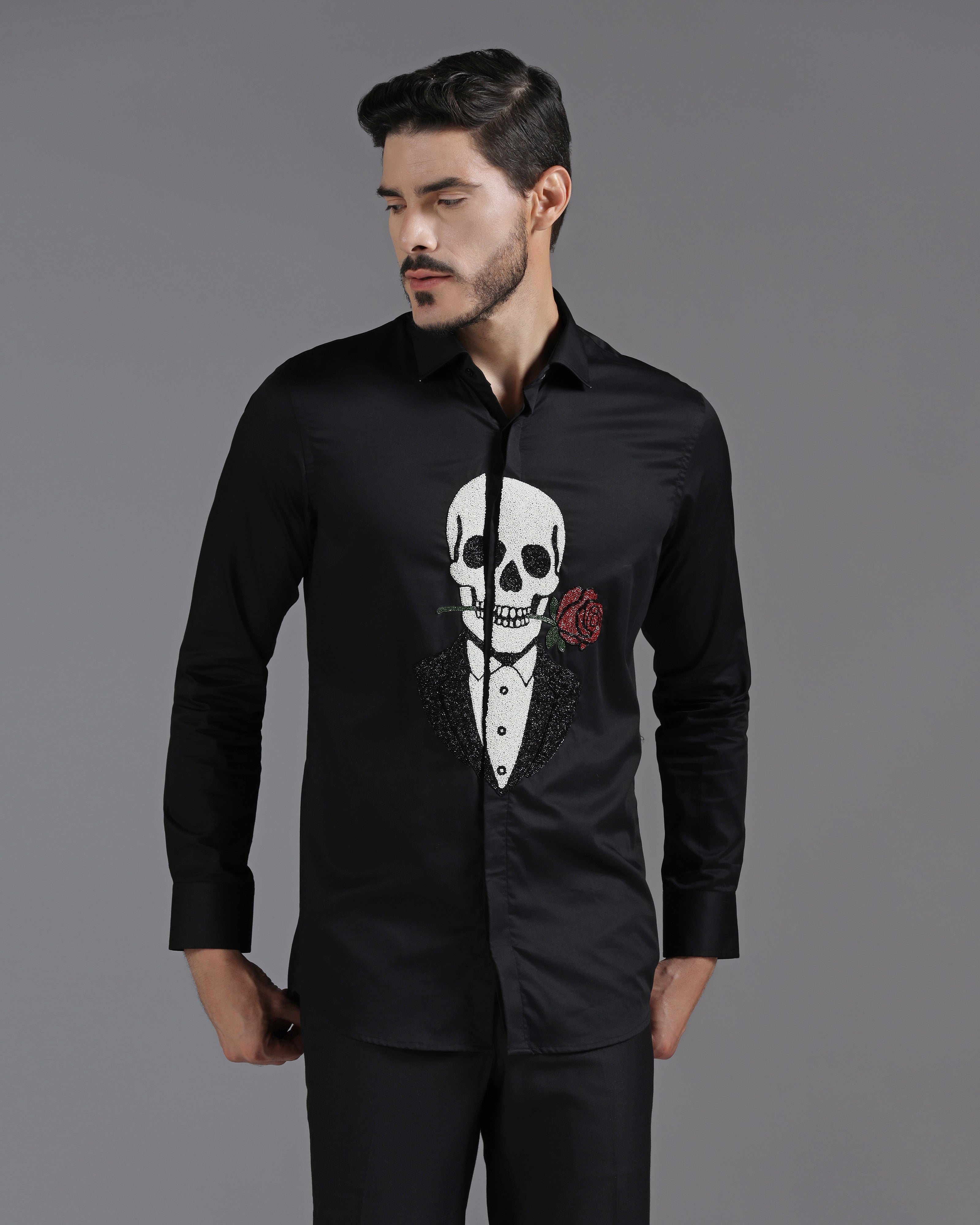 Black Cotton Shirt with Hand-Embroidered Skeleton and Rose Motif