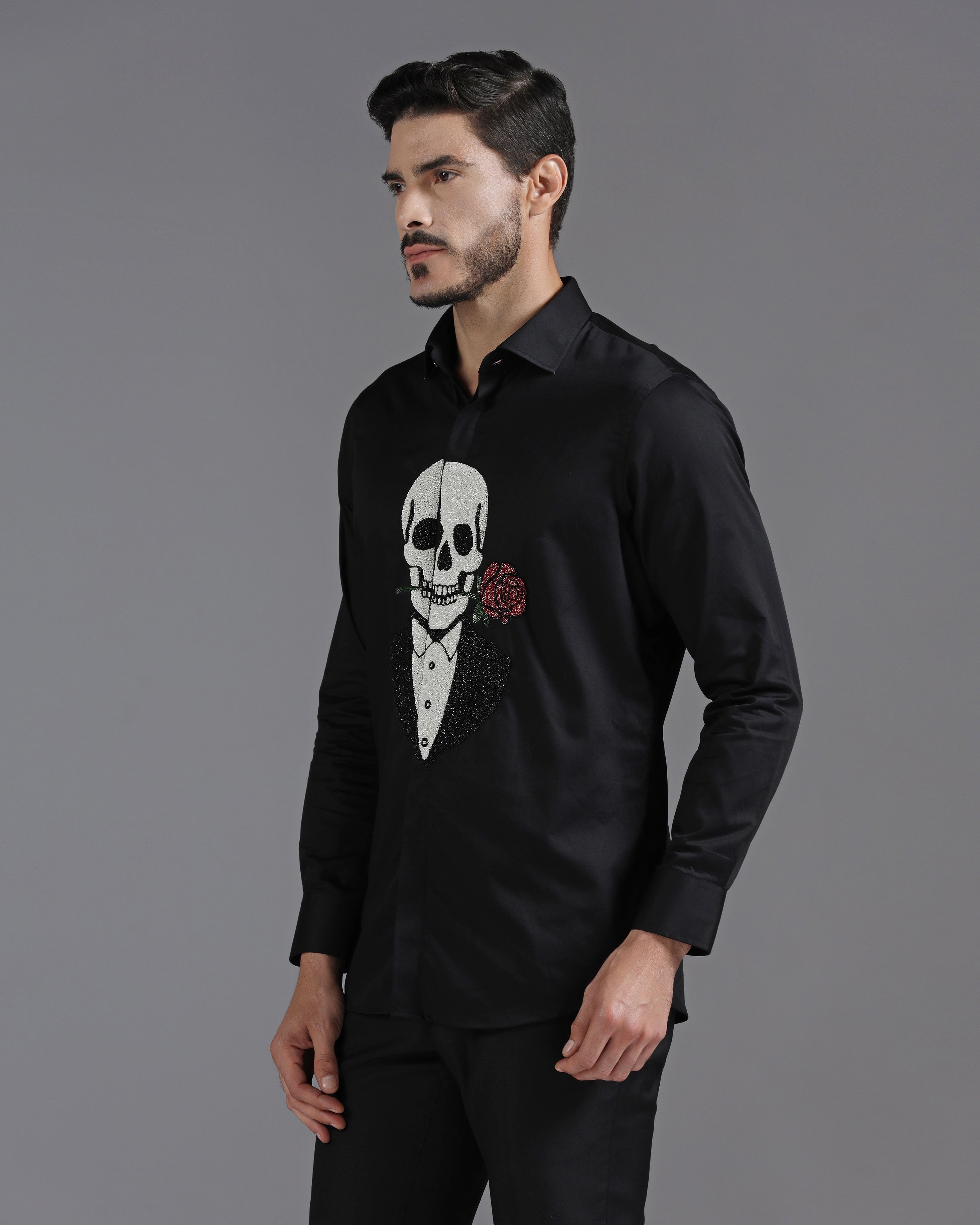 Black Cotton Shirt with Hand-Embroidered Skeleton and Rose Motif