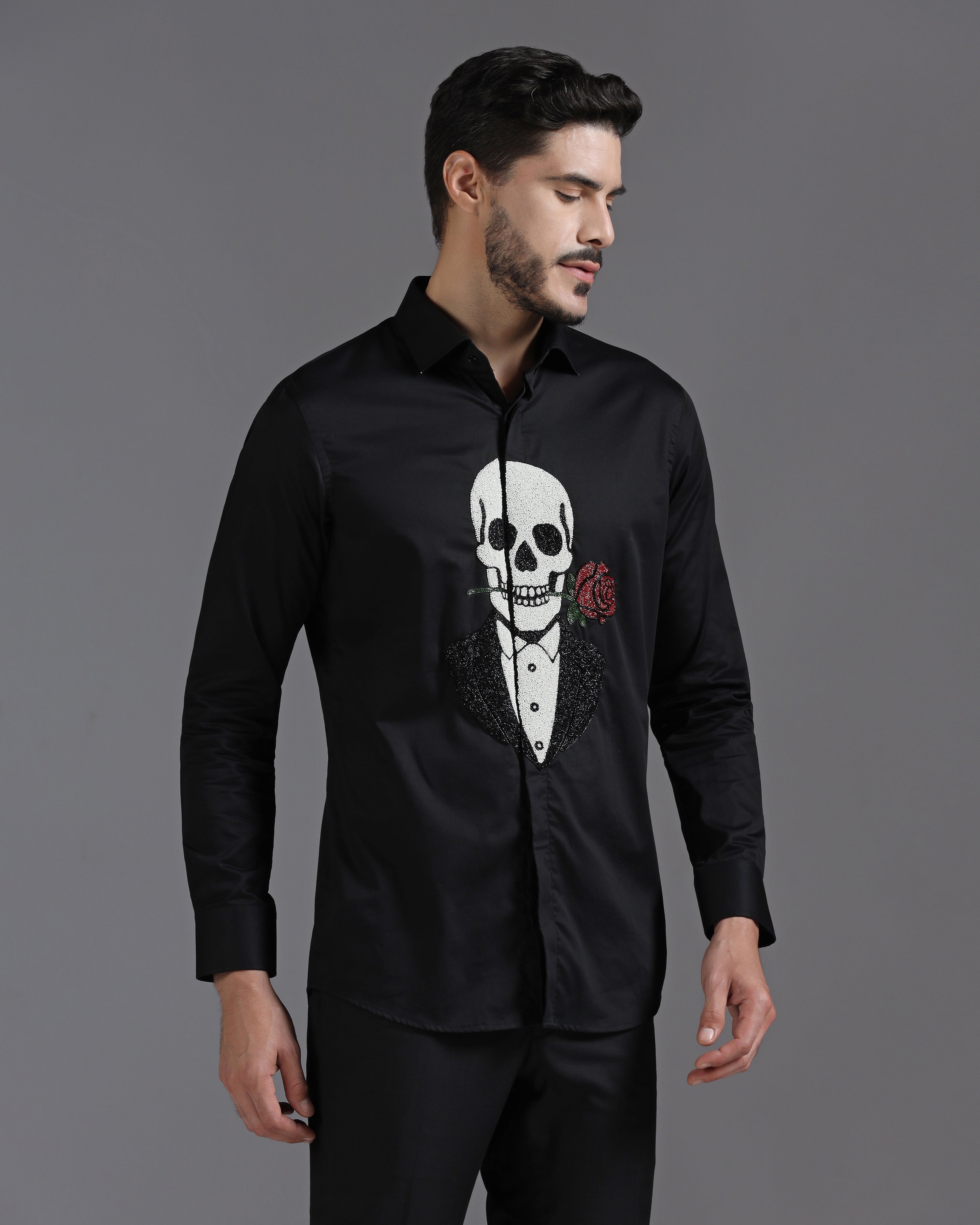 Black Cotton Shirt with Hand-Embroidered Skeleton and Rose Motif