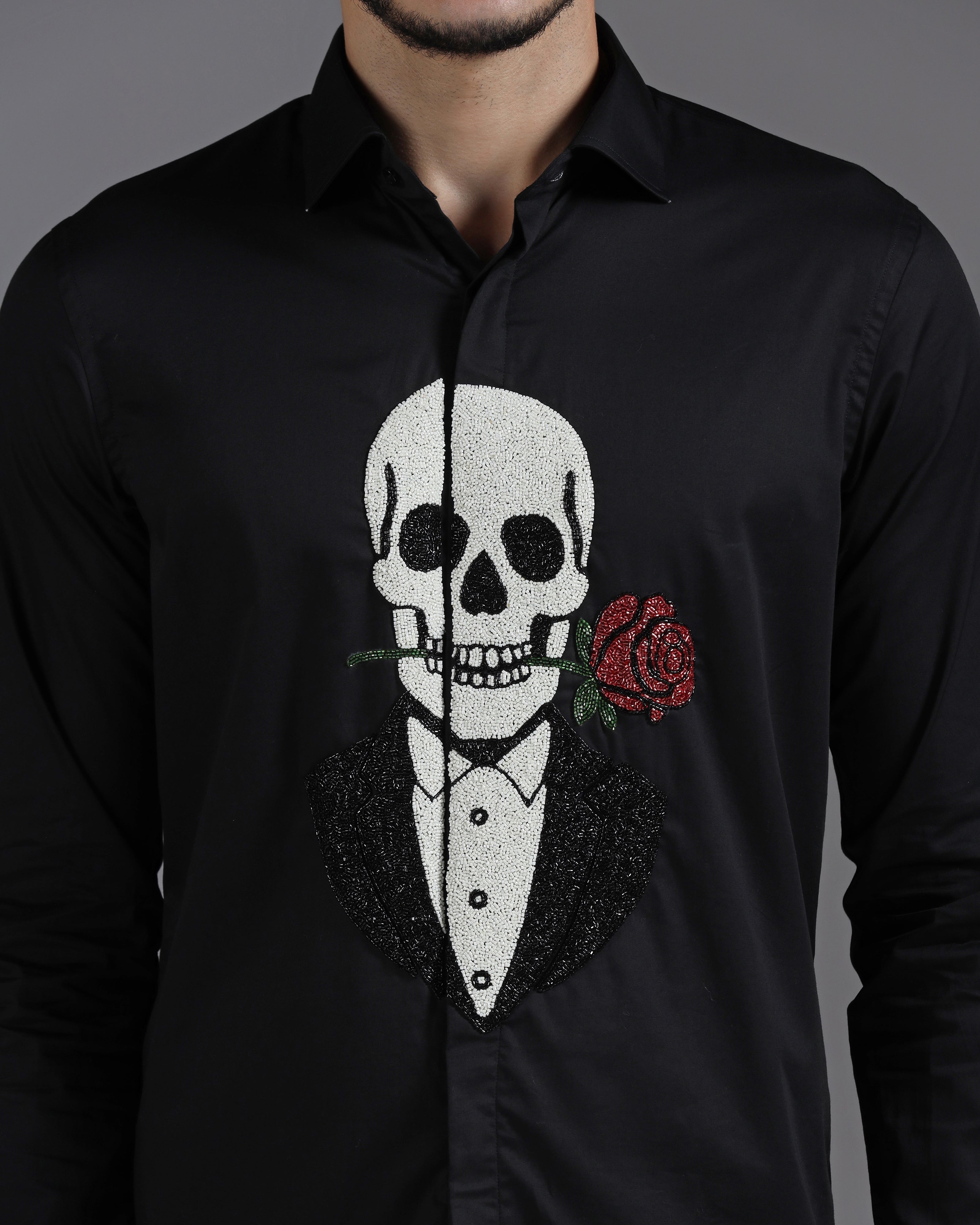 Black Cotton Shirt with Hand-Embroidered Skeleton and Rose Motif