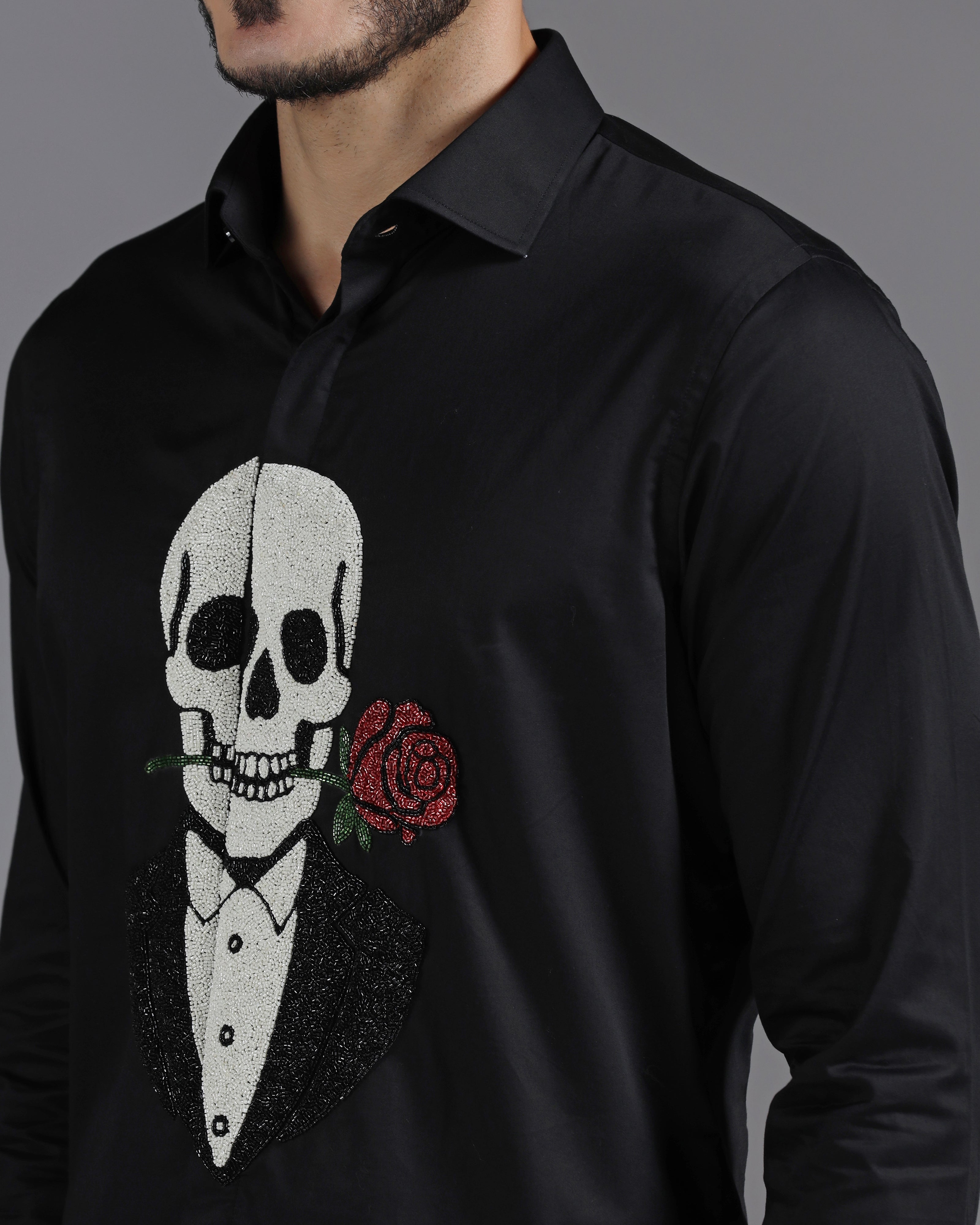 Black Cotton Shirt with Hand-Embroidered Skeleton and Rose Motif