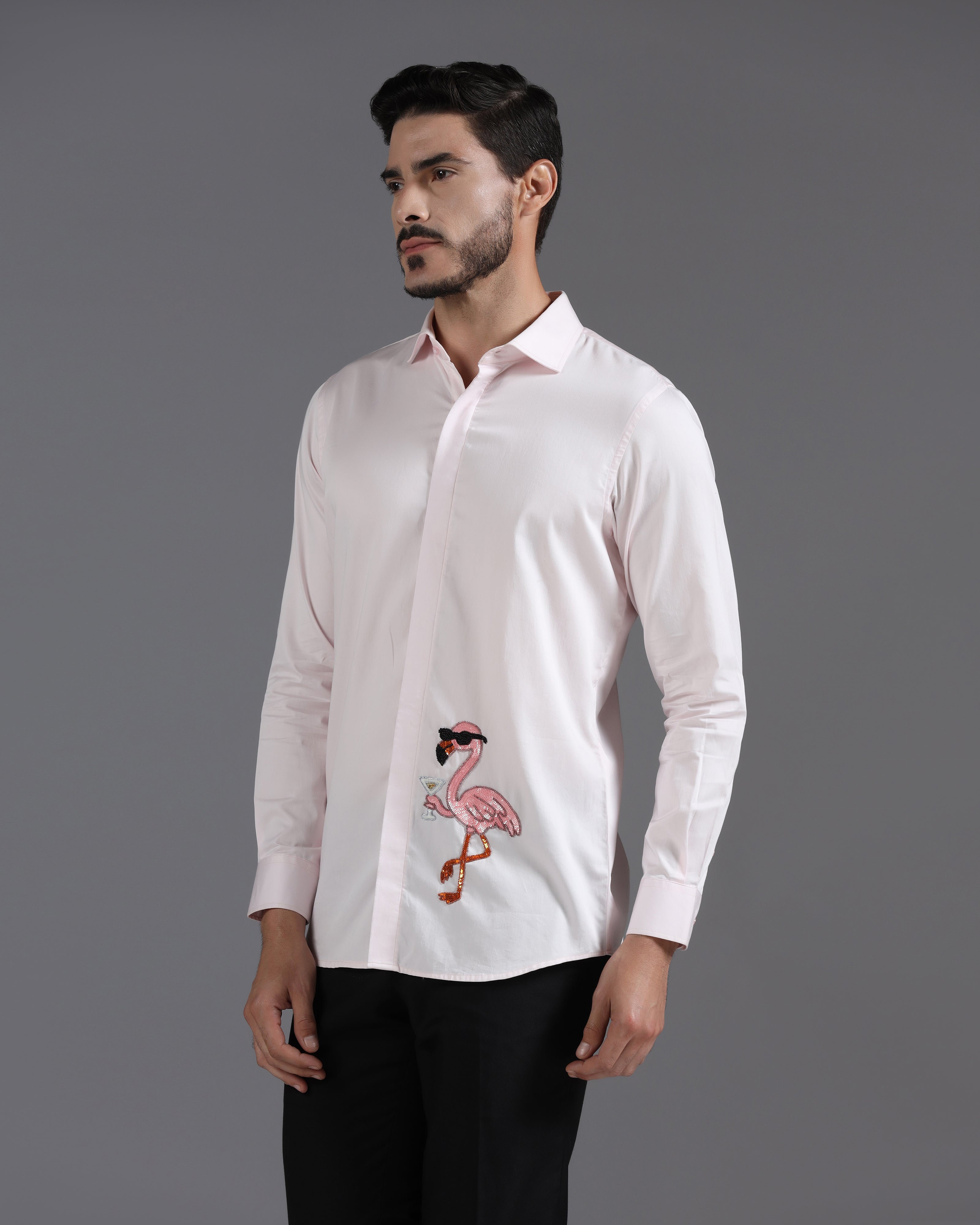 Blush Pink Cotton Shirt with Hand-Embroidered Flamingo Cocktail Motif