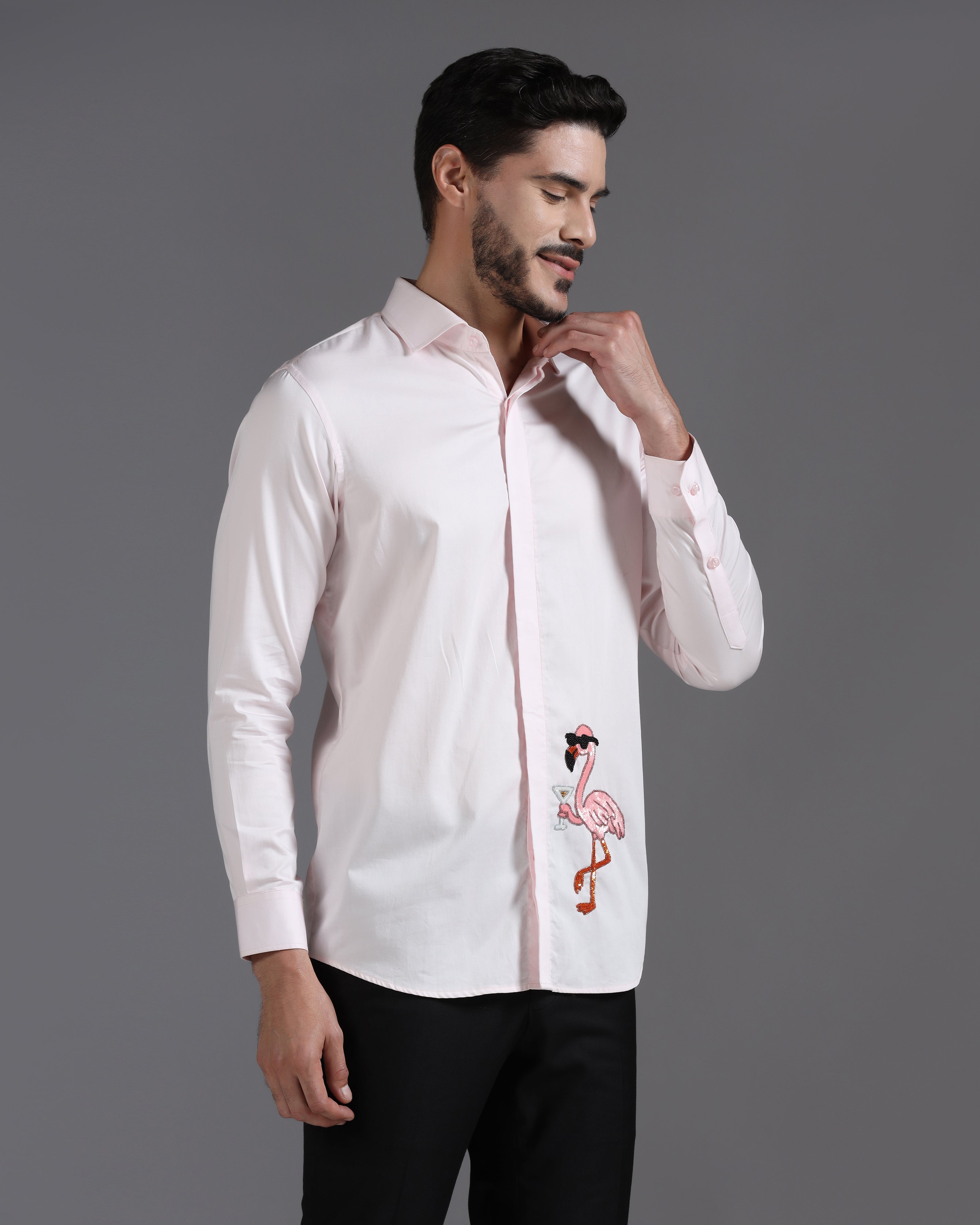 Blush Pink Cotton Shirt with Hand-Embroidered Flamingo Cocktail Motif