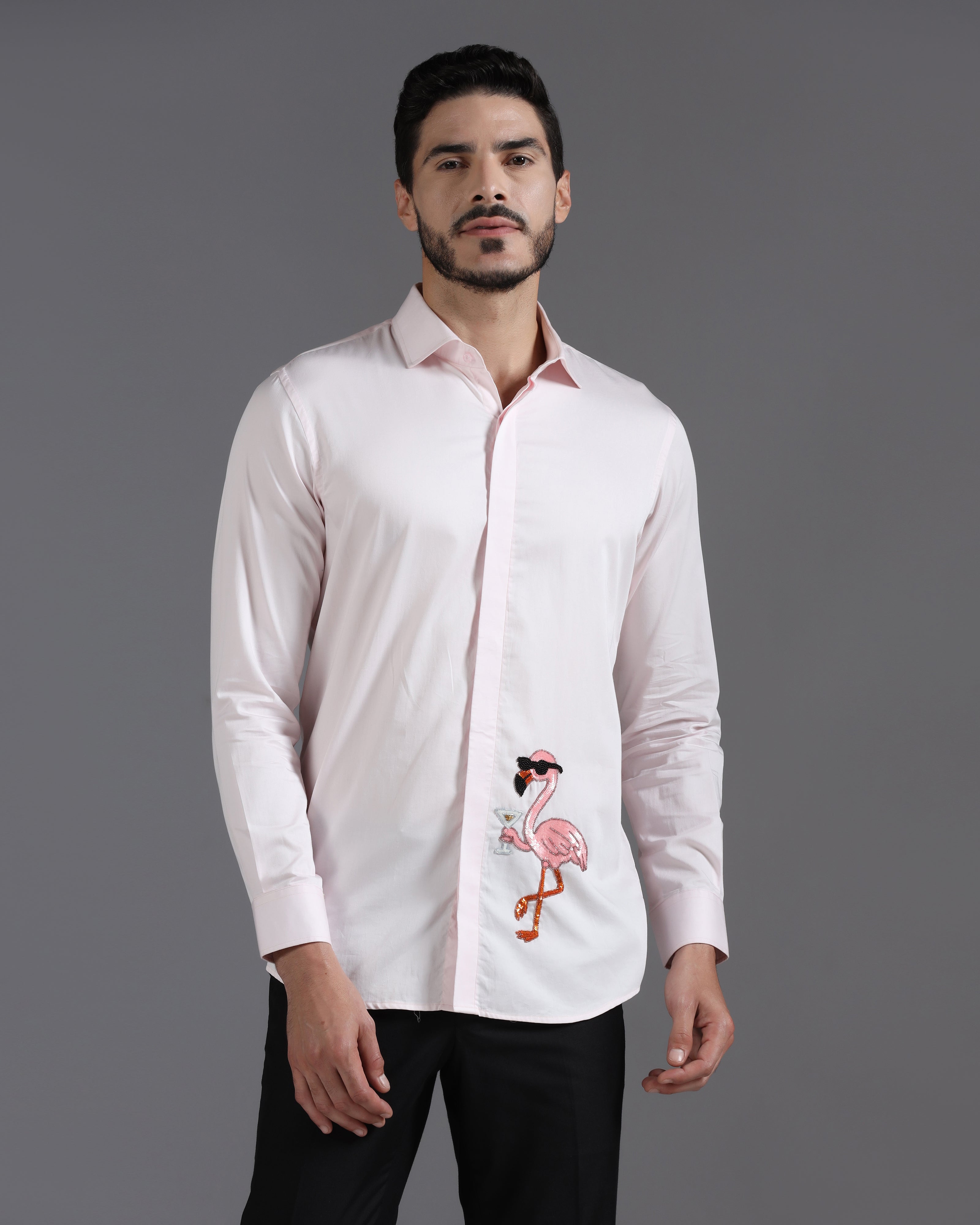 Blush Pink Cotton Shirt with Hand-Embroidered Flamingo Cocktail Motif