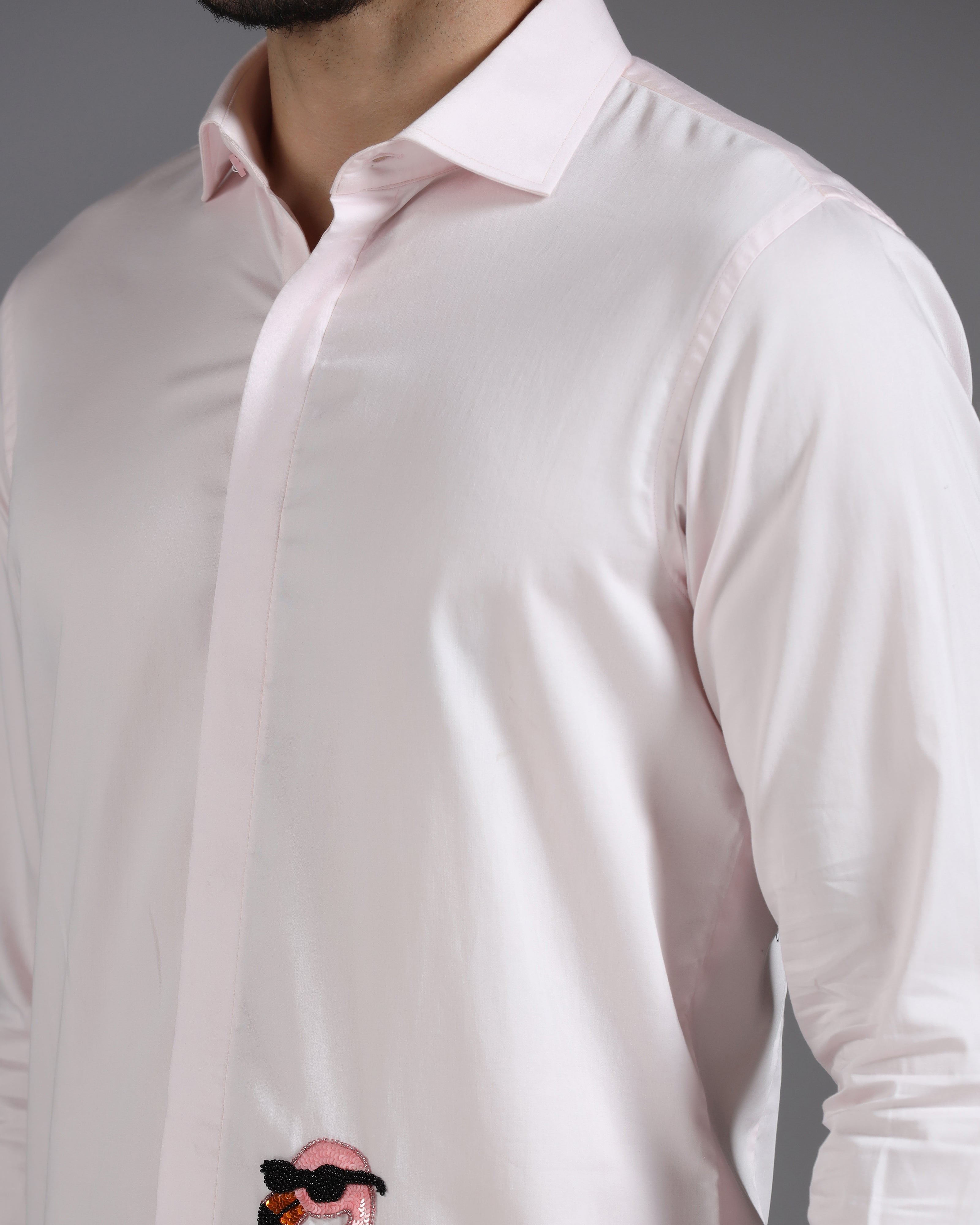 Blush Pink Cotton Shirt with Hand-Embroidered Flamingo Cocktail Motif