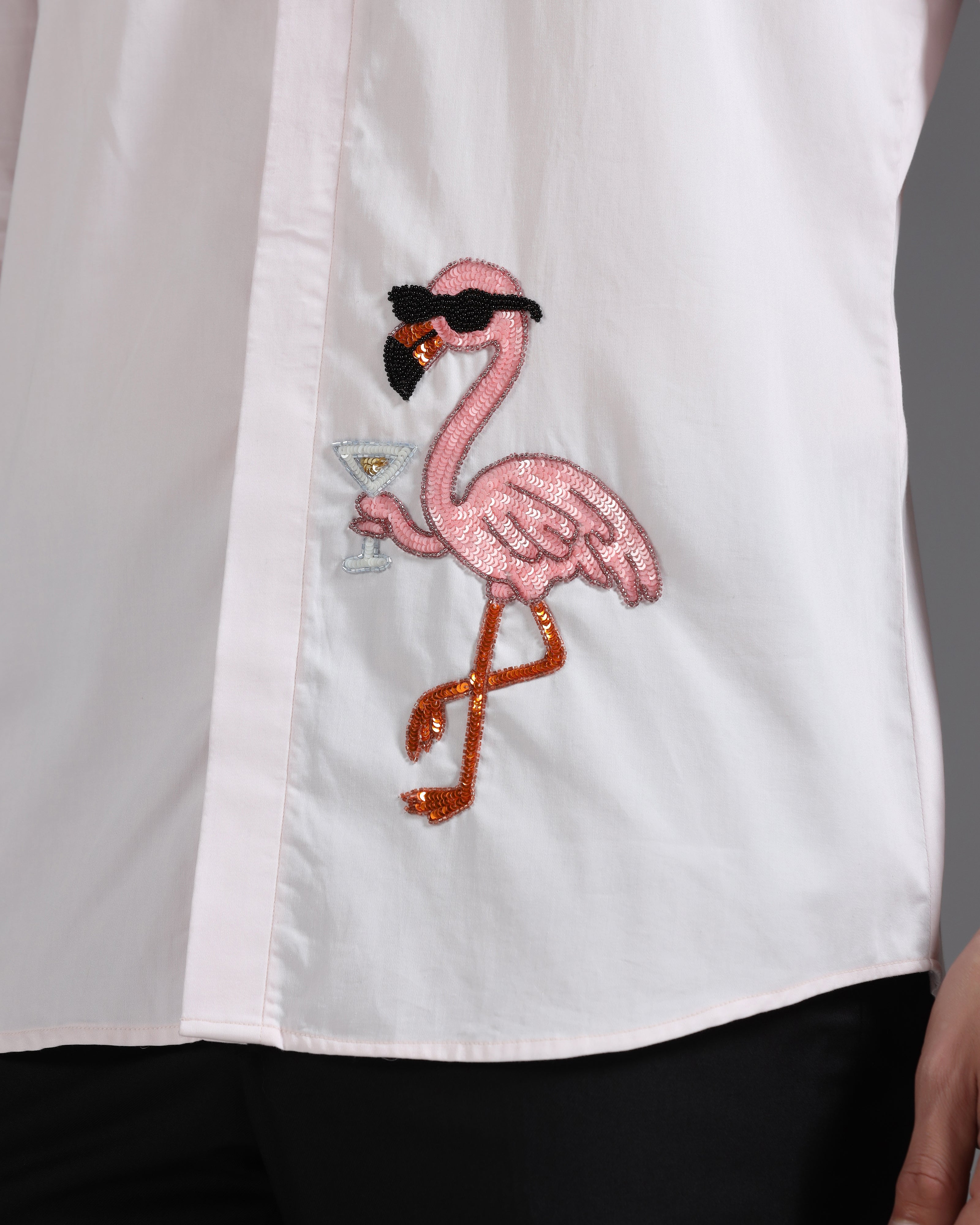 Blush Pink Cotton Shirt with Hand-Embroidered Flamingo Cocktail Motif