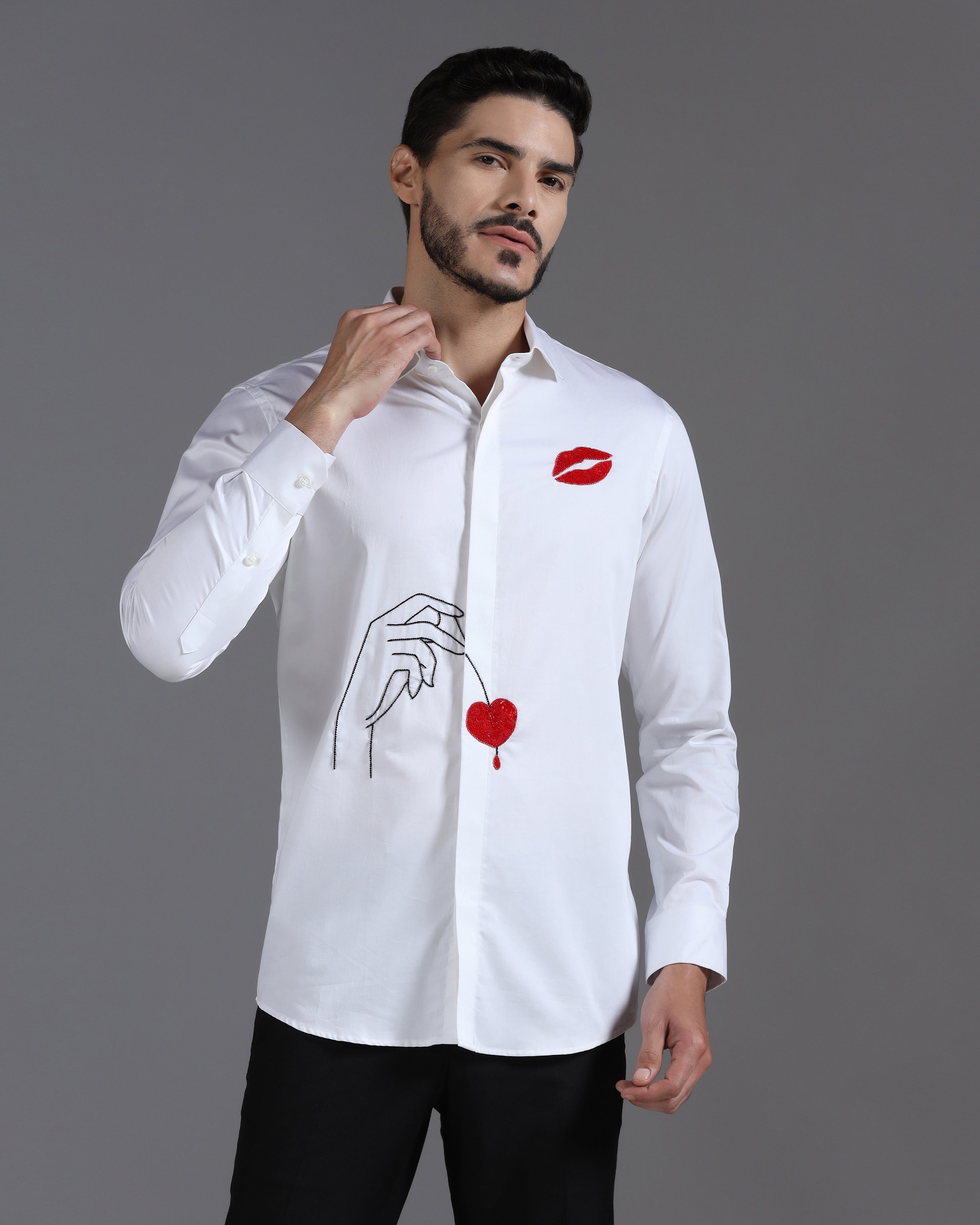 White Cotton Shirt with Hand-Embroidered Heart & Lips Motif