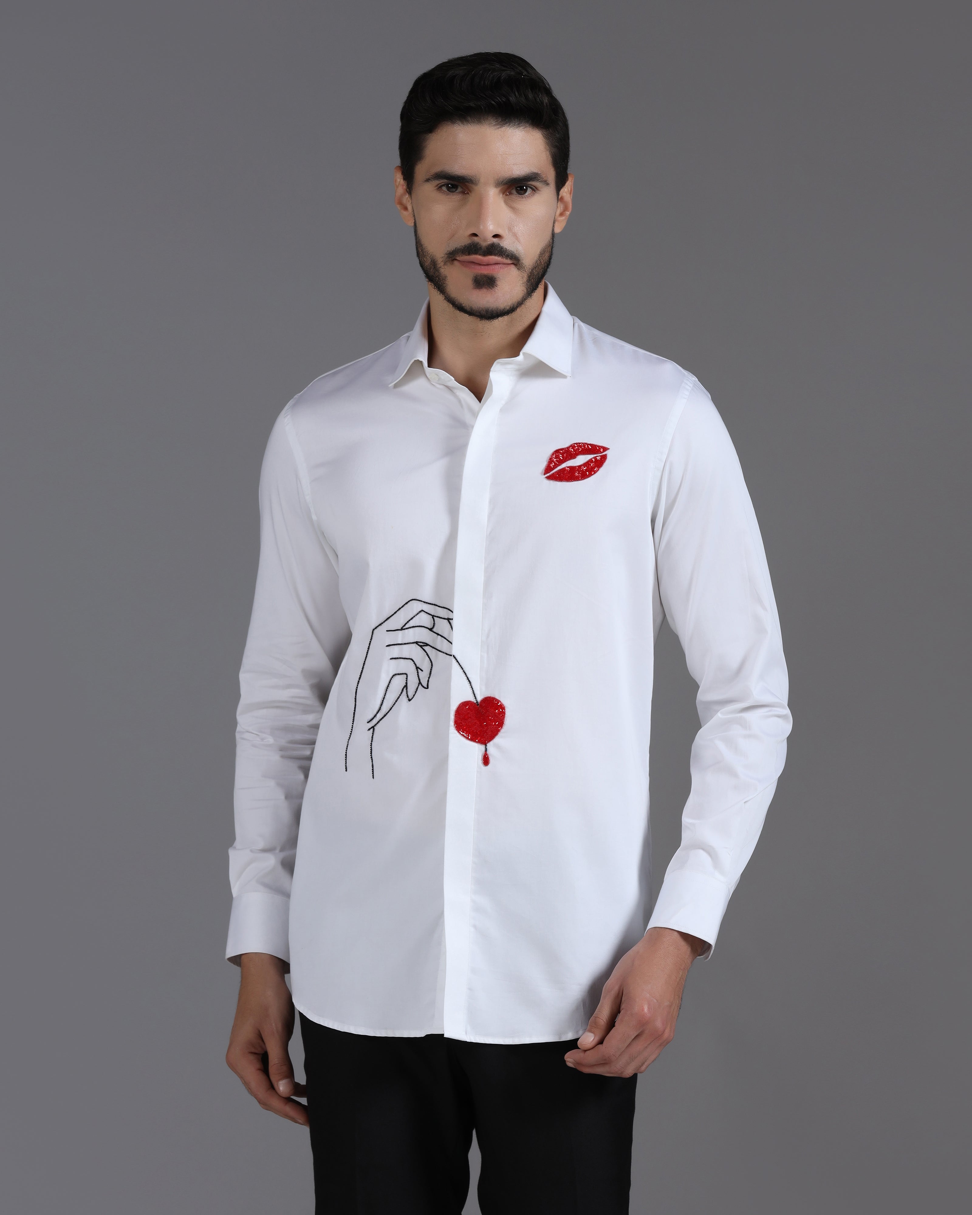 White Cotton Shirt with Hand-Embroidered Heart & Lips Motif