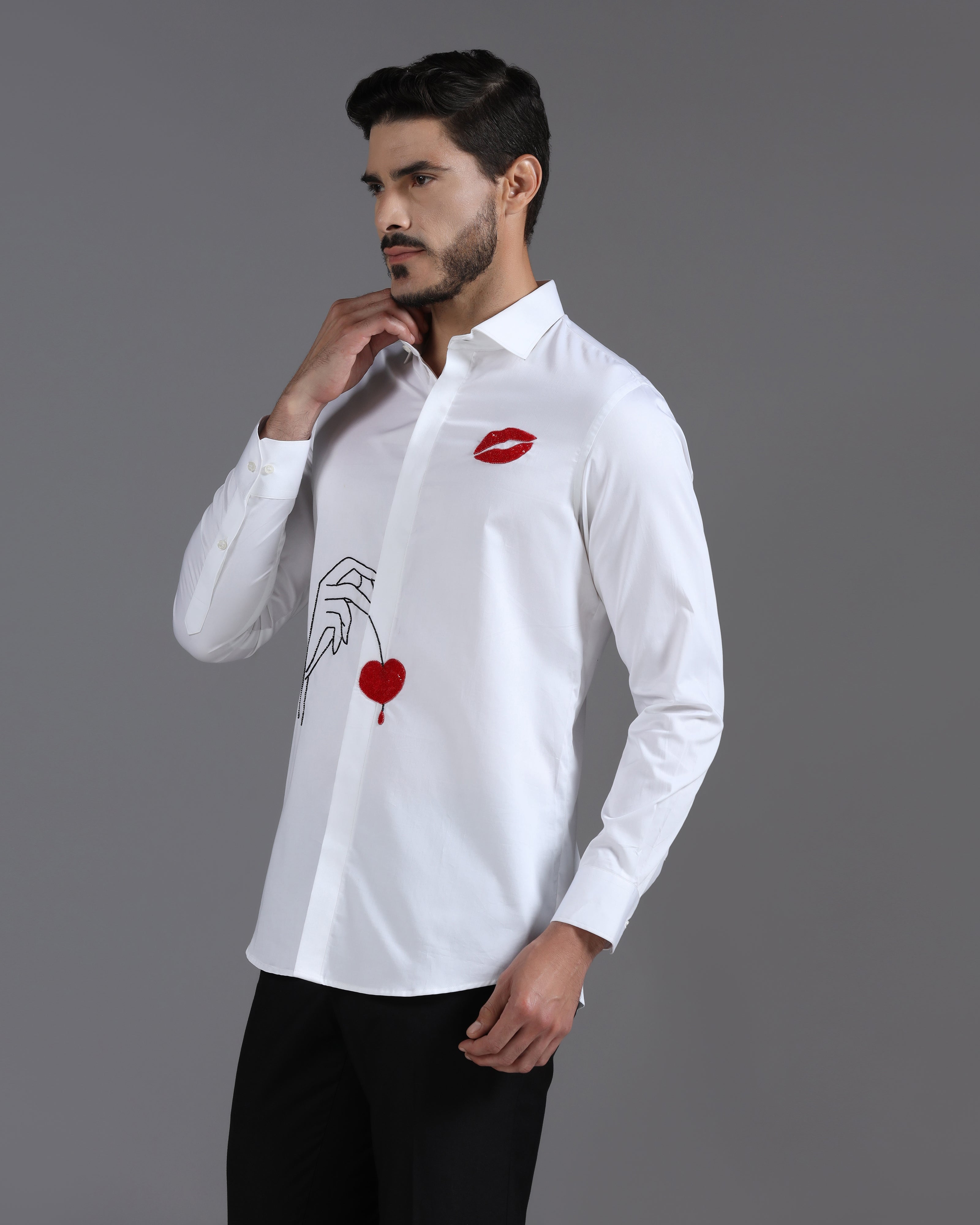 White Cotton Shirt with Hand-Embroidered Heart & Lips Motif