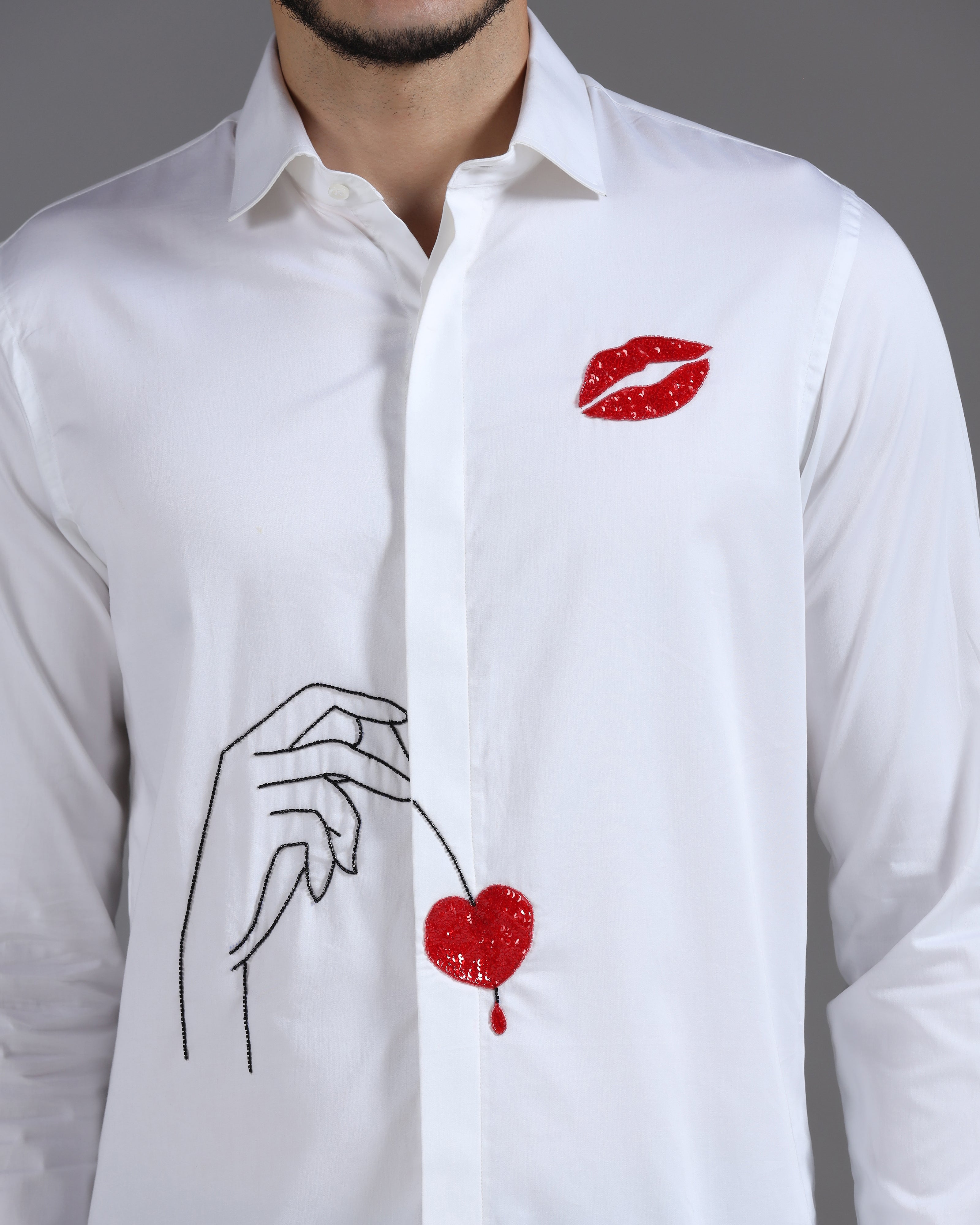White Cotton Shirt with Hand-Embroidered Heart & Lips Motif