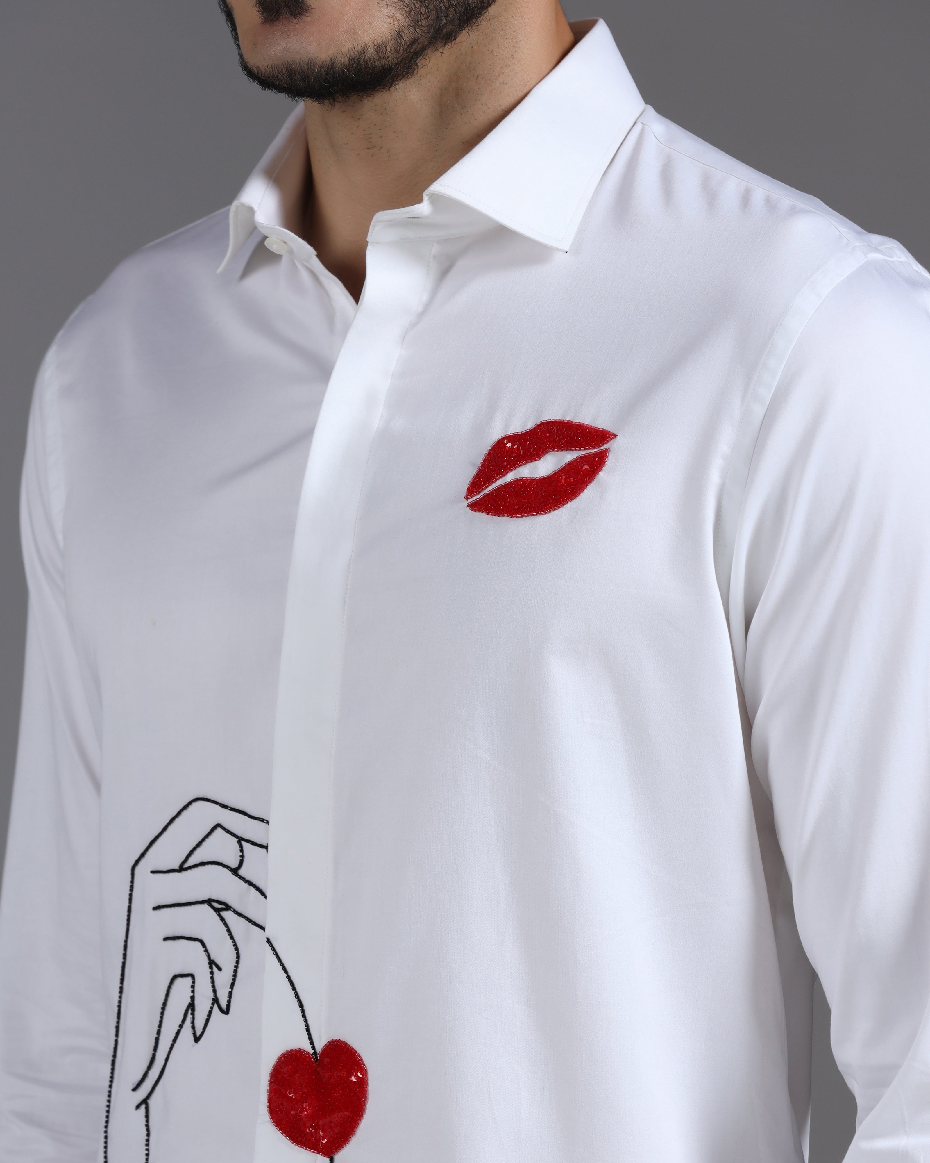 White Cotton Shirt with Hand-Embroidered Heart & Lips Motif