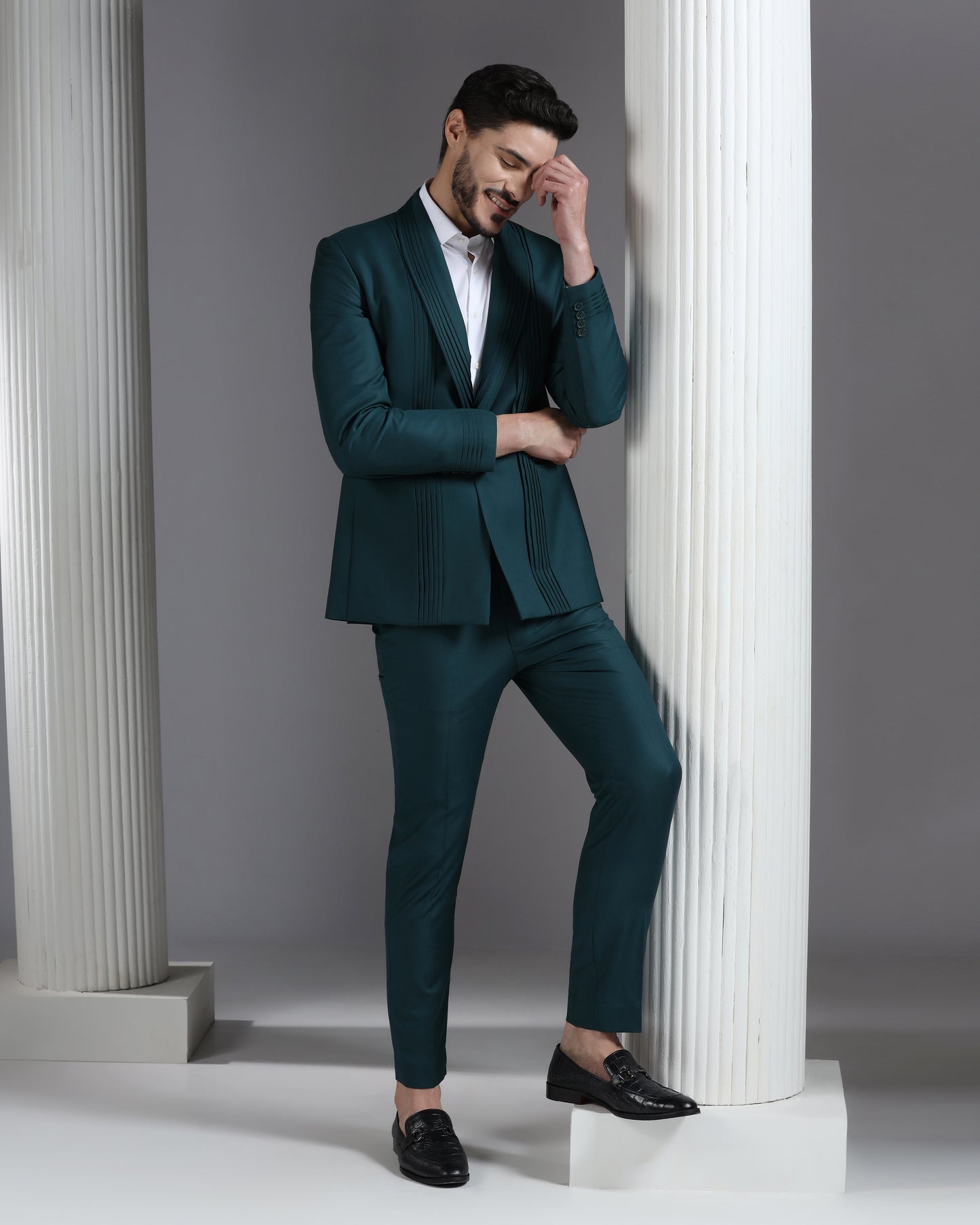 Deep Teal Pin-Tucked 2-Piece Suit