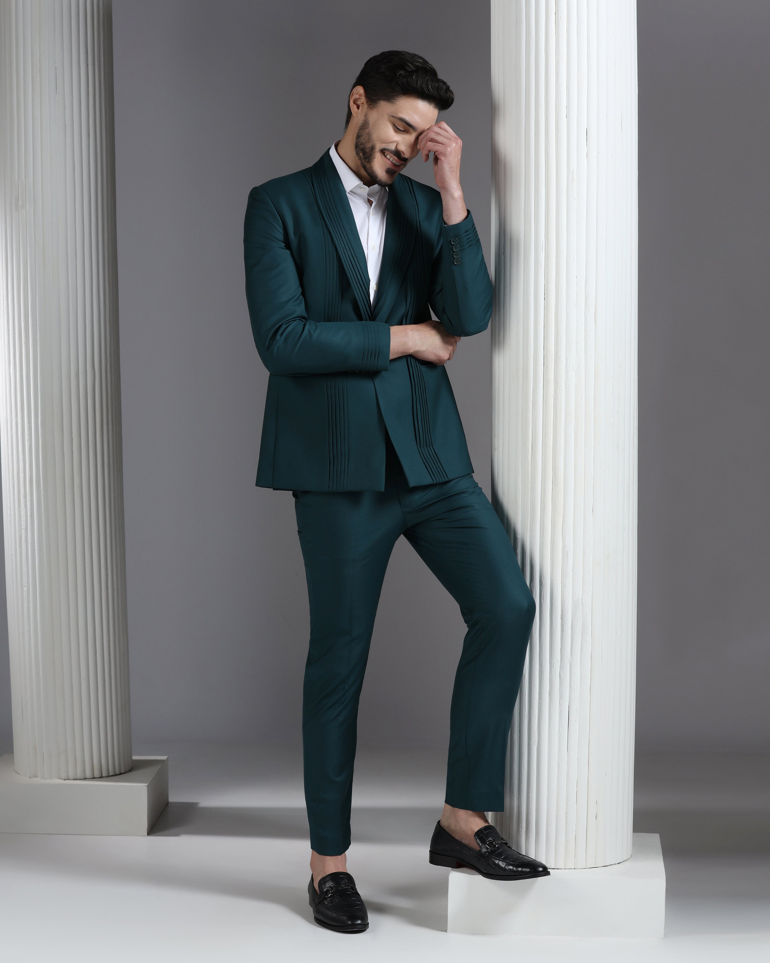 Deep Teal Pin-Tucked 2-Piece Suit
