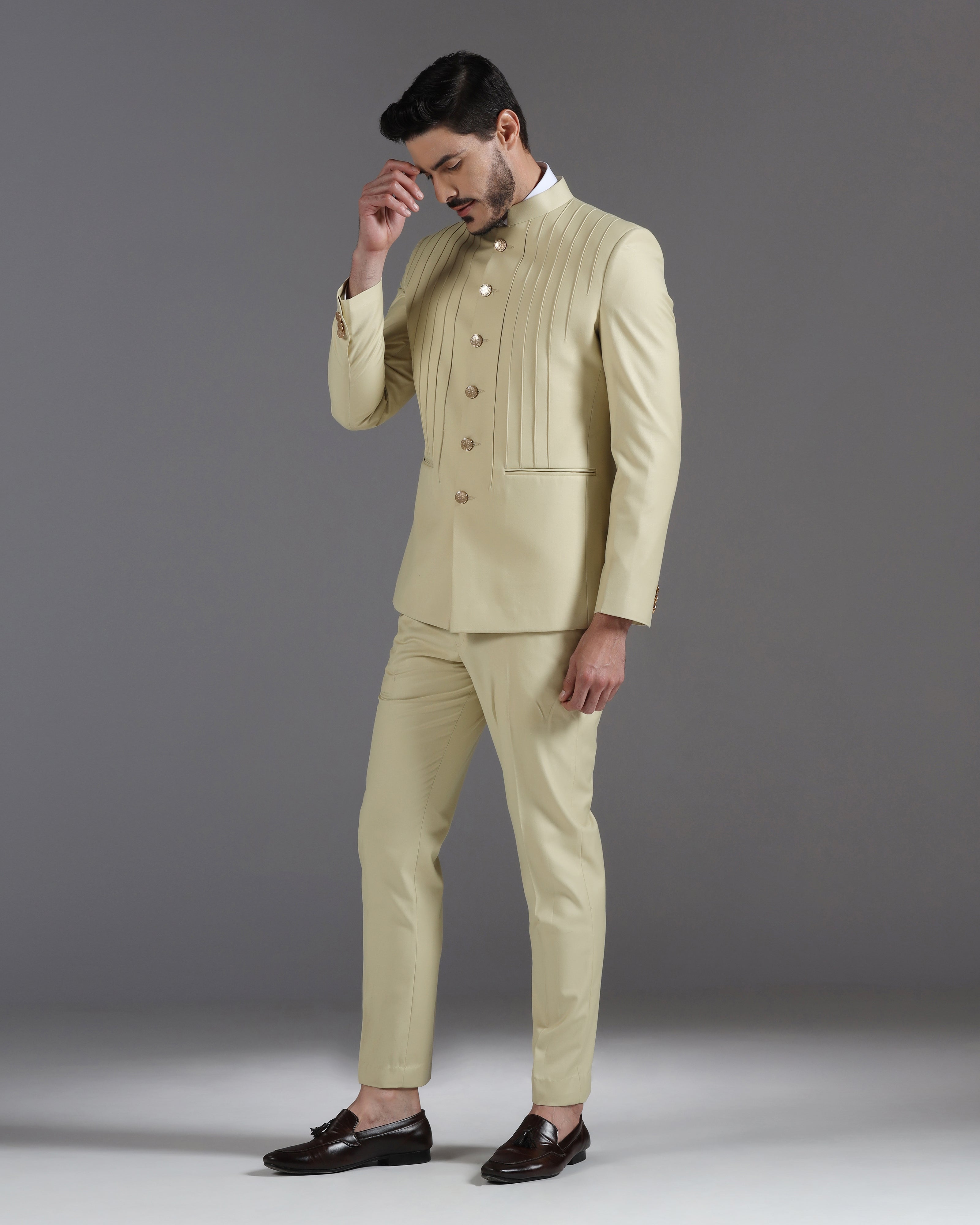 Beige Pintuck Bandhgala Suit with Gold Button Detail