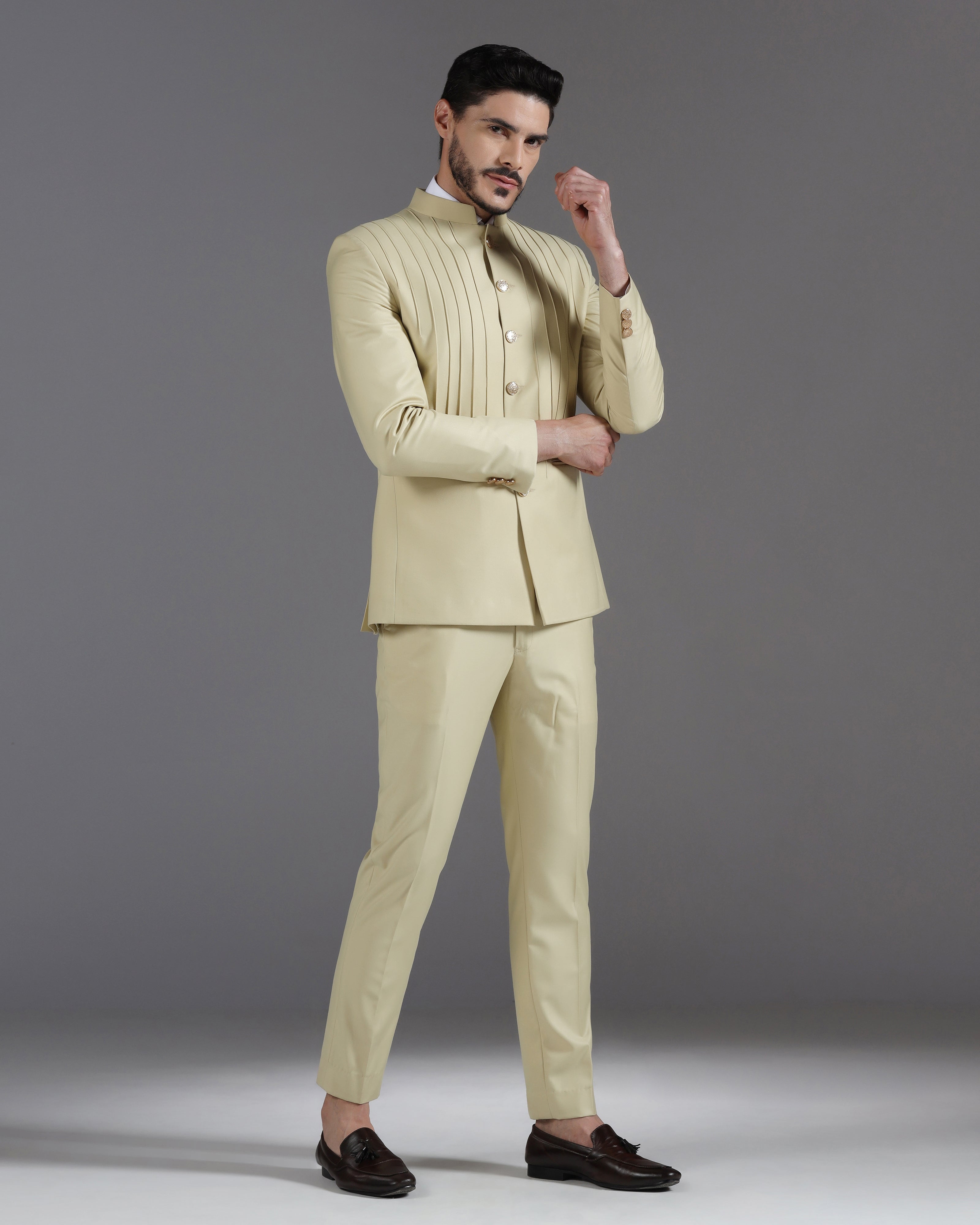 Beige Pintuck Bandhgala Suit with Gold Button Detail