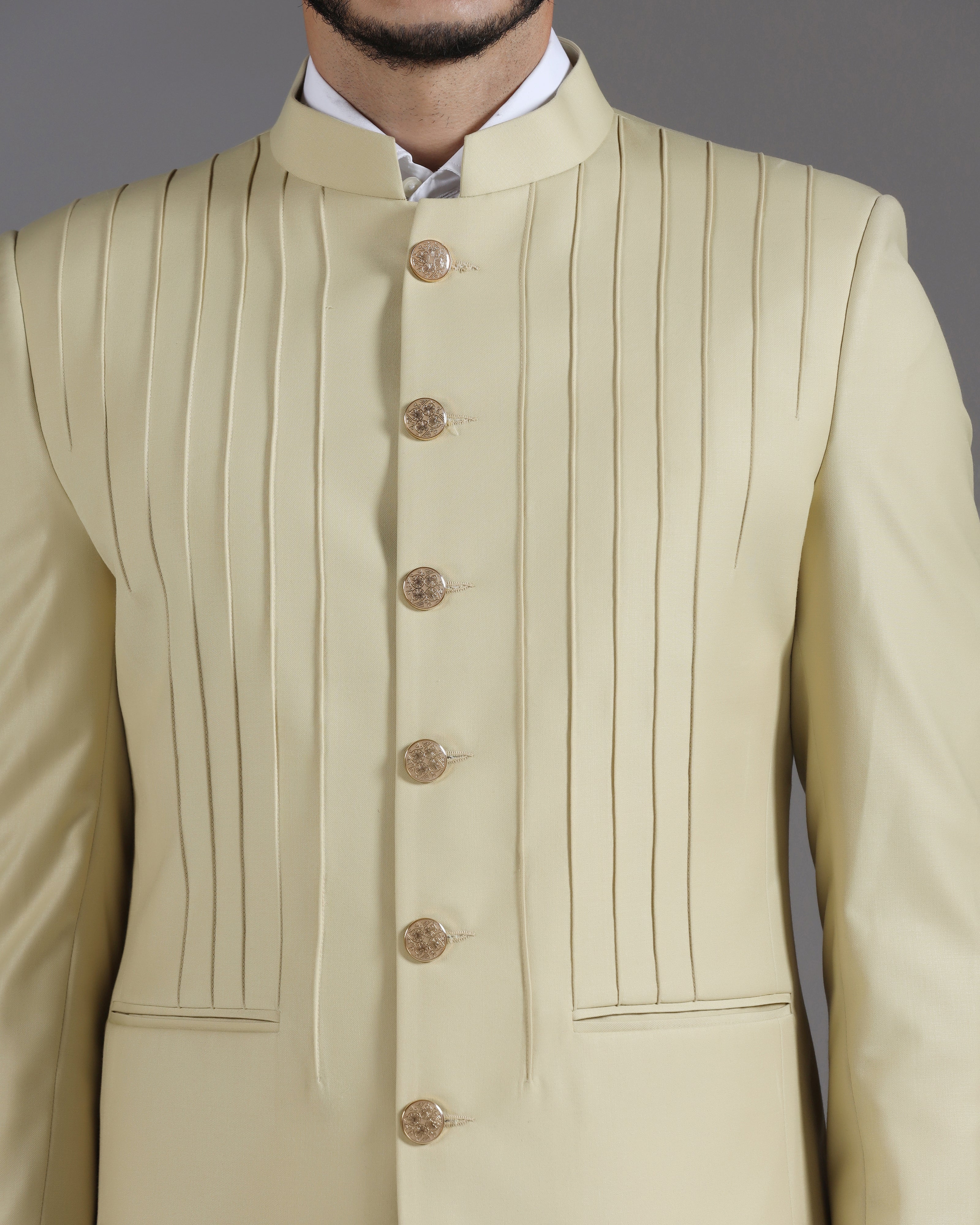 Beige Pintuck Bandhgala Suit with Gold Button Detail