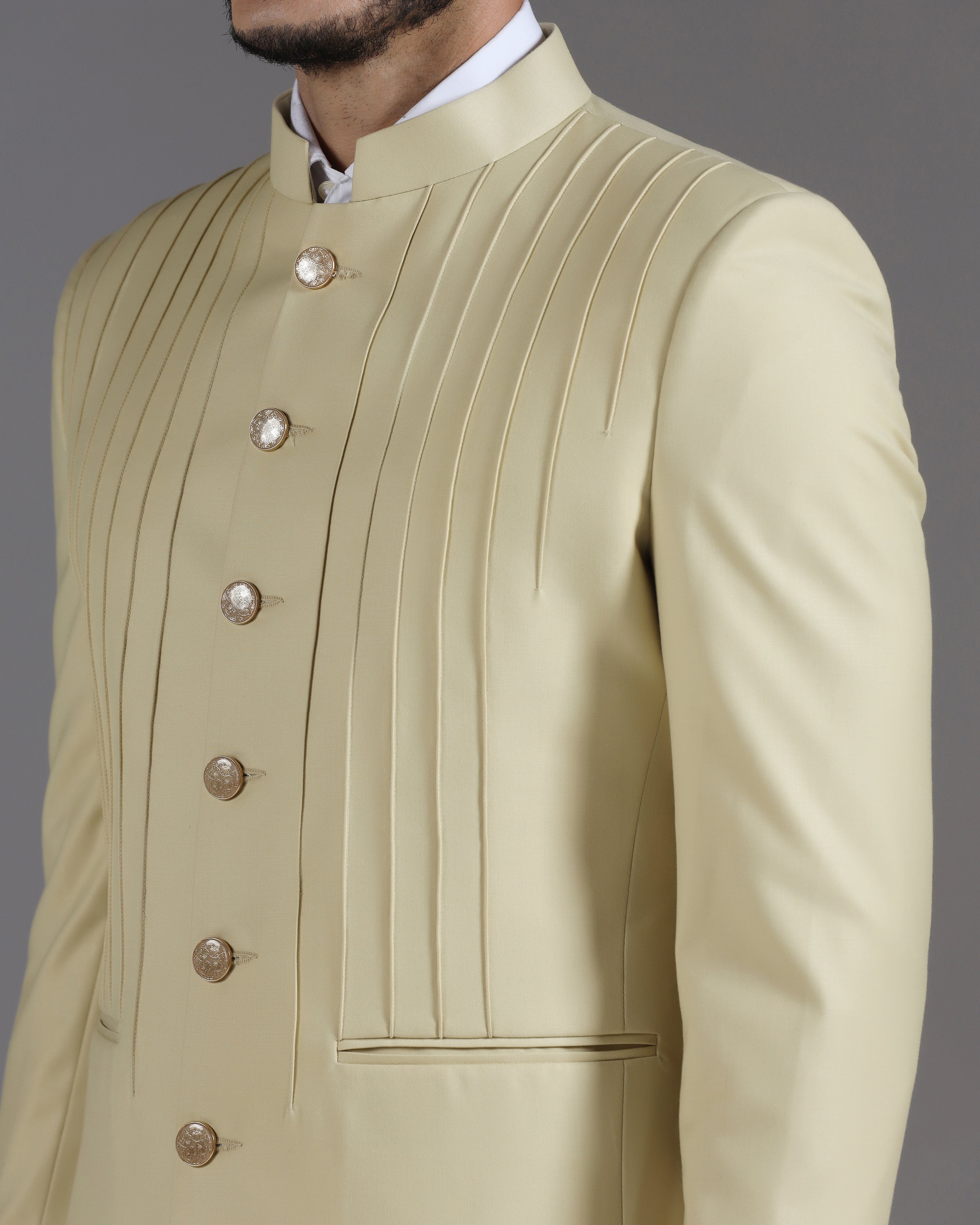 Beige Pintuck Bandhgala Suit with Gold Button Detail