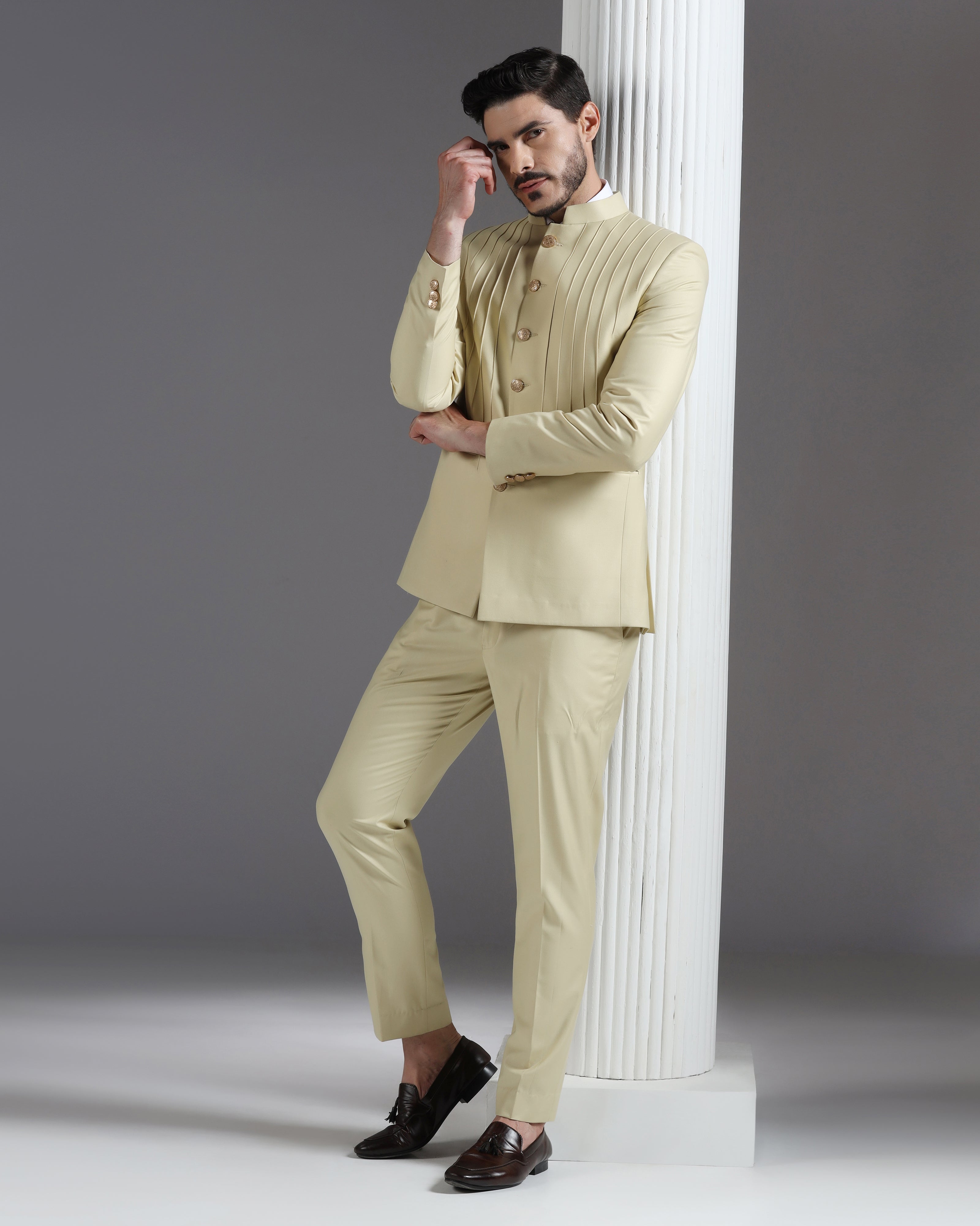 Beige Pintuck Bandhgala Suit with Gold Button Detail