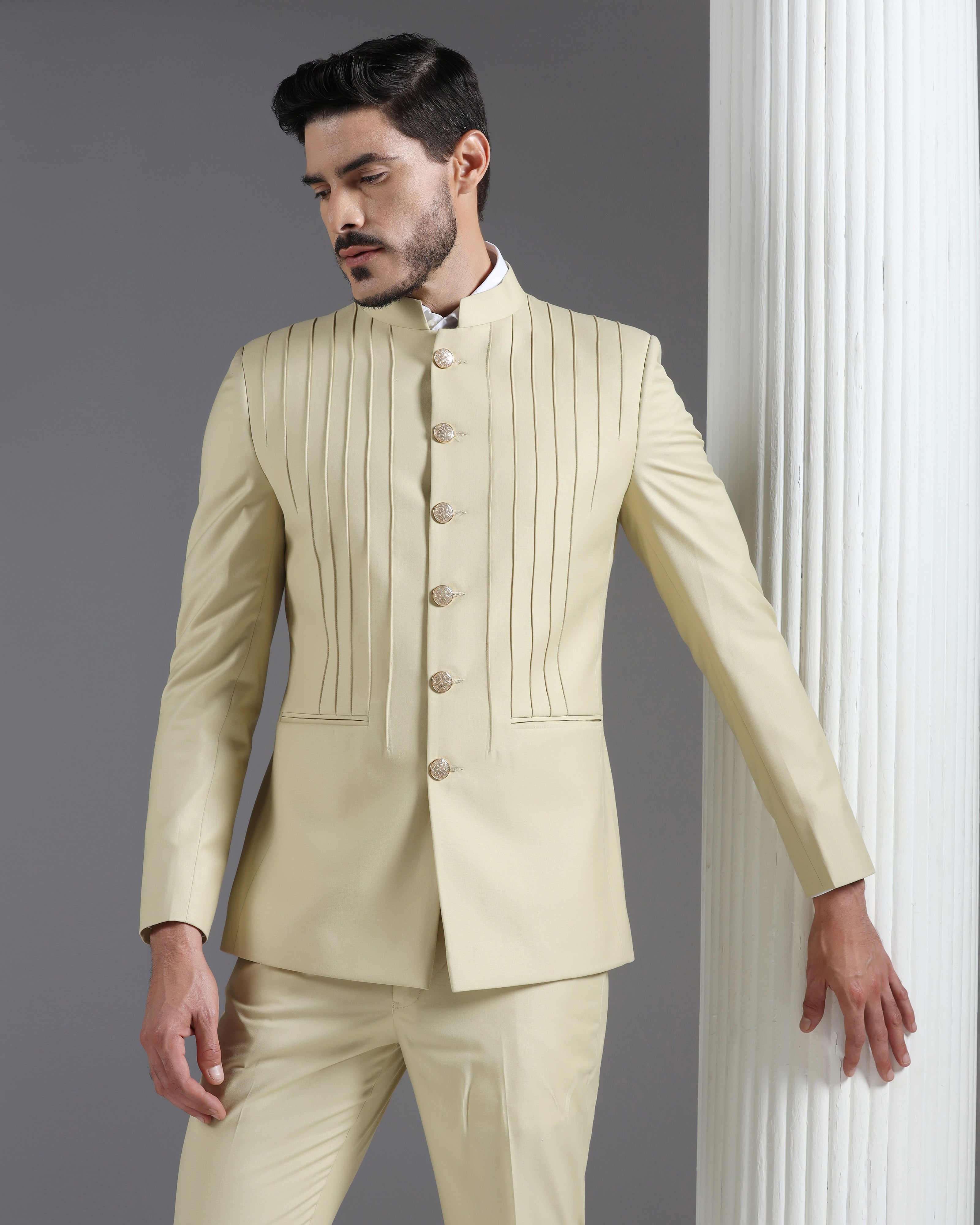 Beige Pintuck Bandhgala Suit with Gold Button Detail