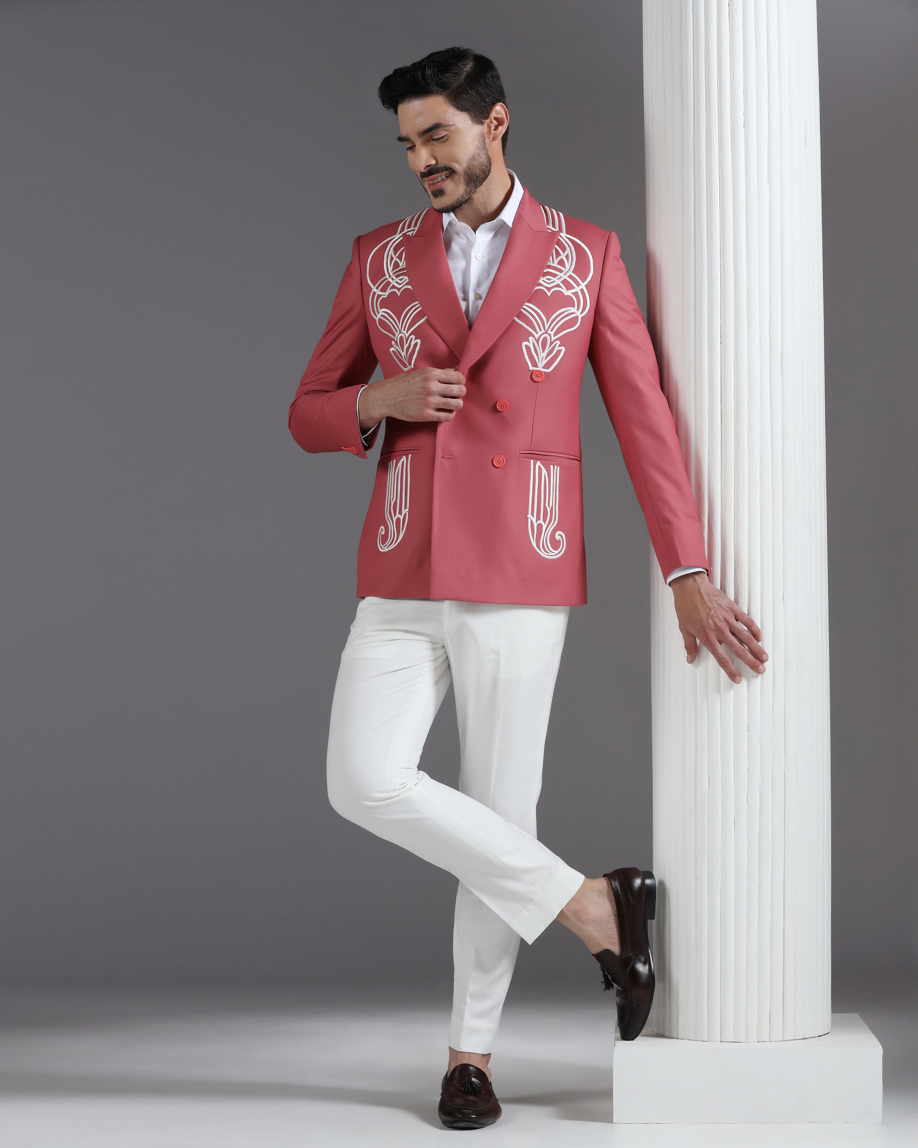 Rose Pink Double-Breasted Blazer with White Art Deco Embroidery