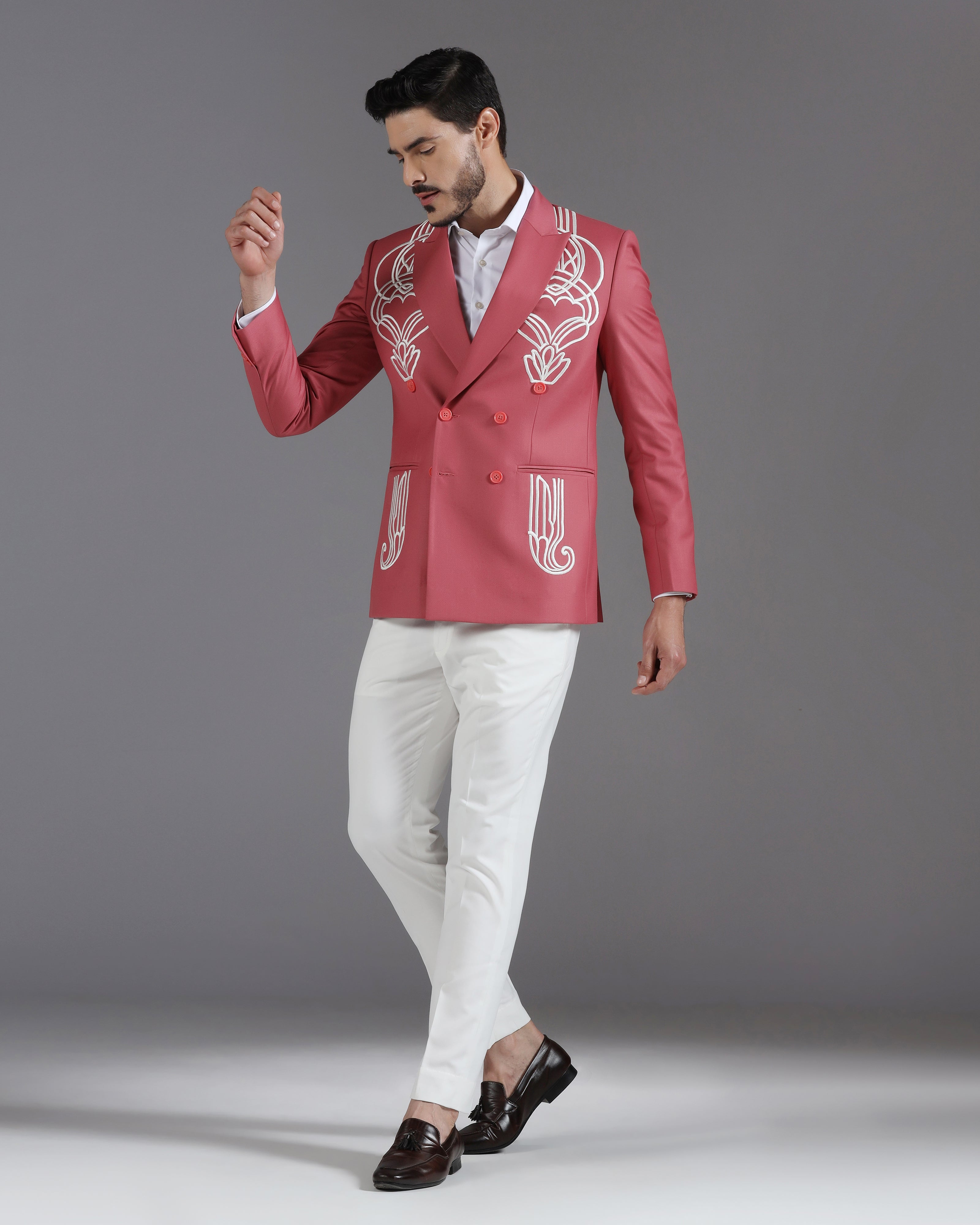 Rose Pink Double-Breasted Blazer with White Art Deco Embroidery