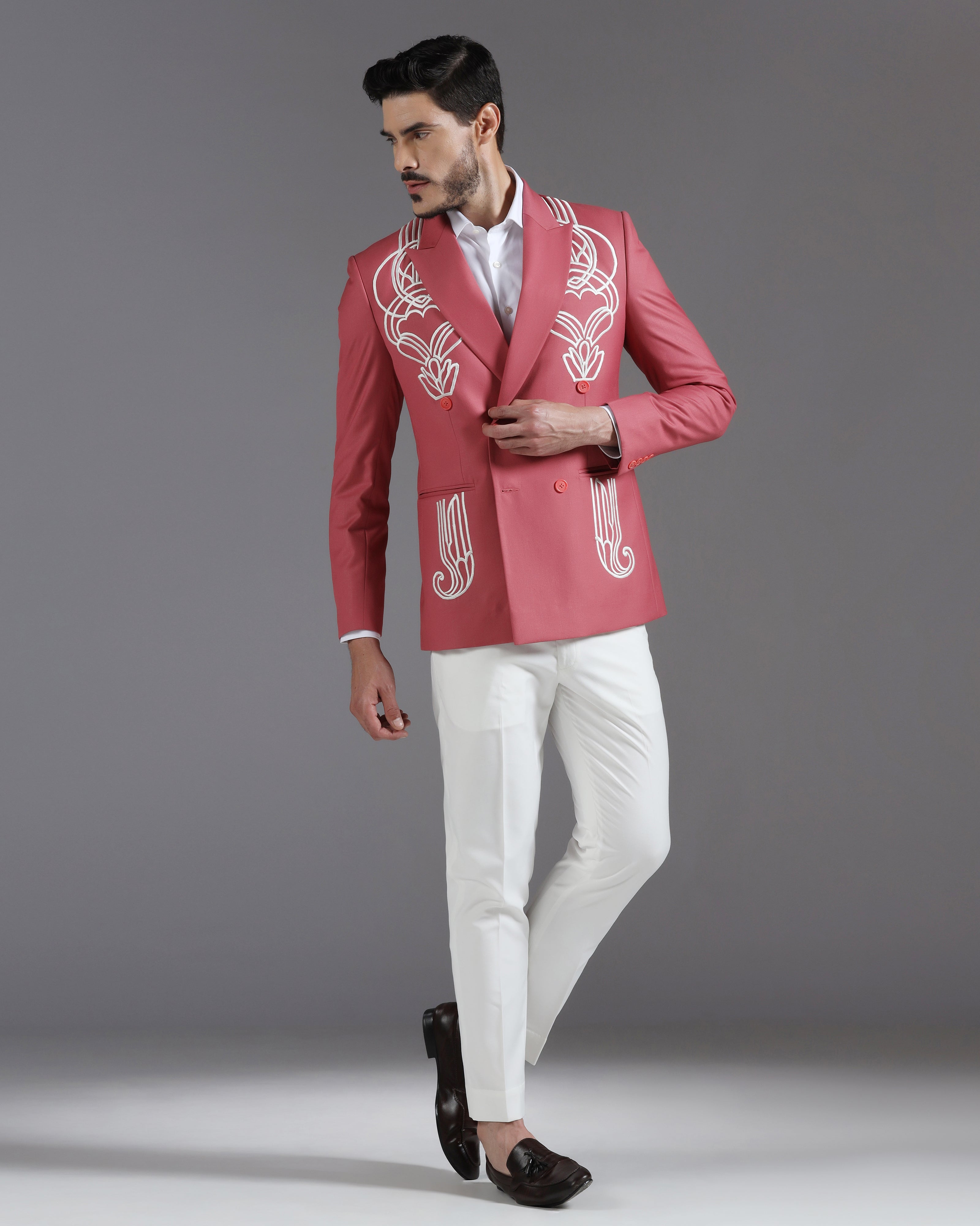 Rose Pink Double-Breasted Blazer with White Art Deco Embroidery