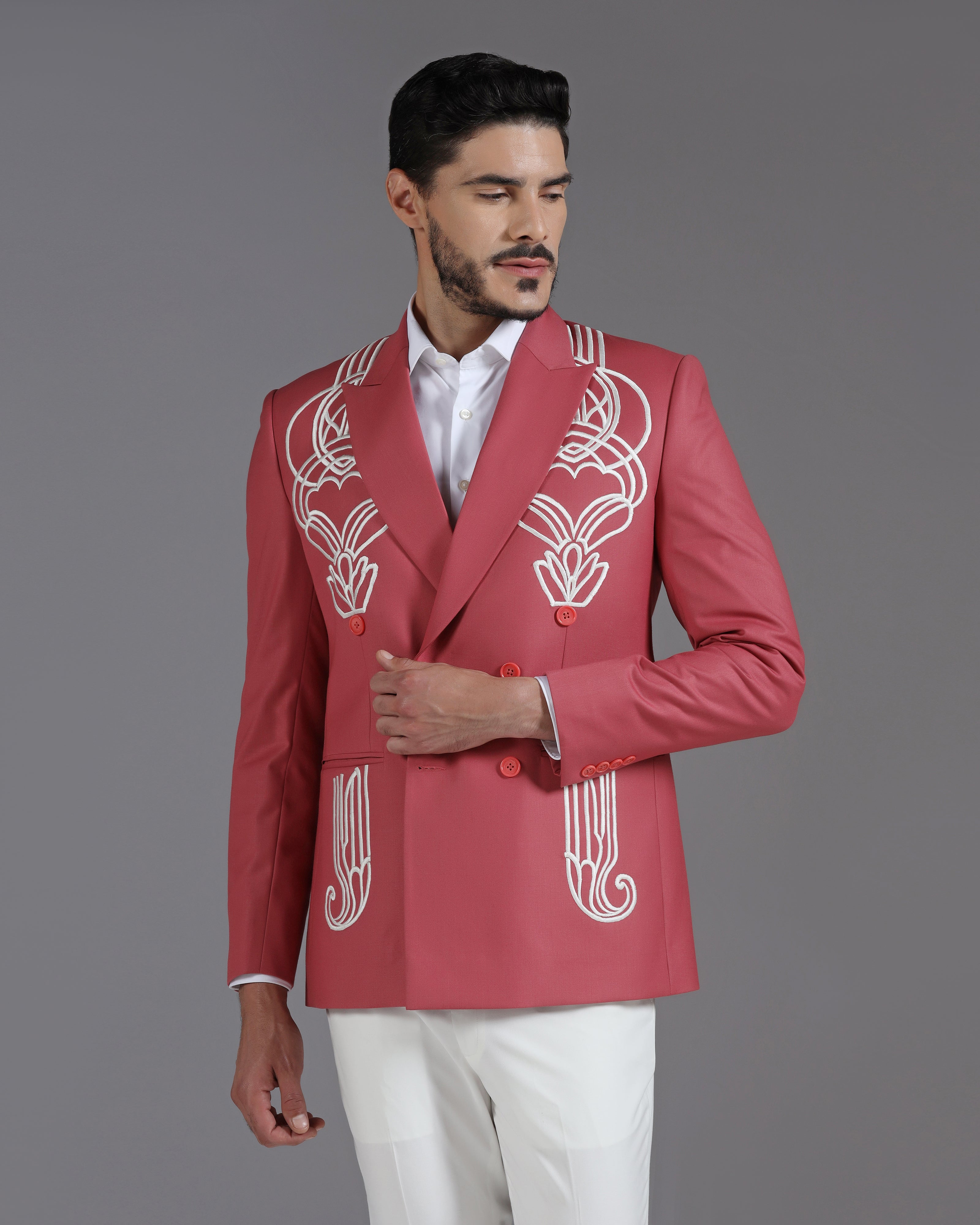 Rose Pink Double-Breasted Blazer with White Art Deco Embroidery