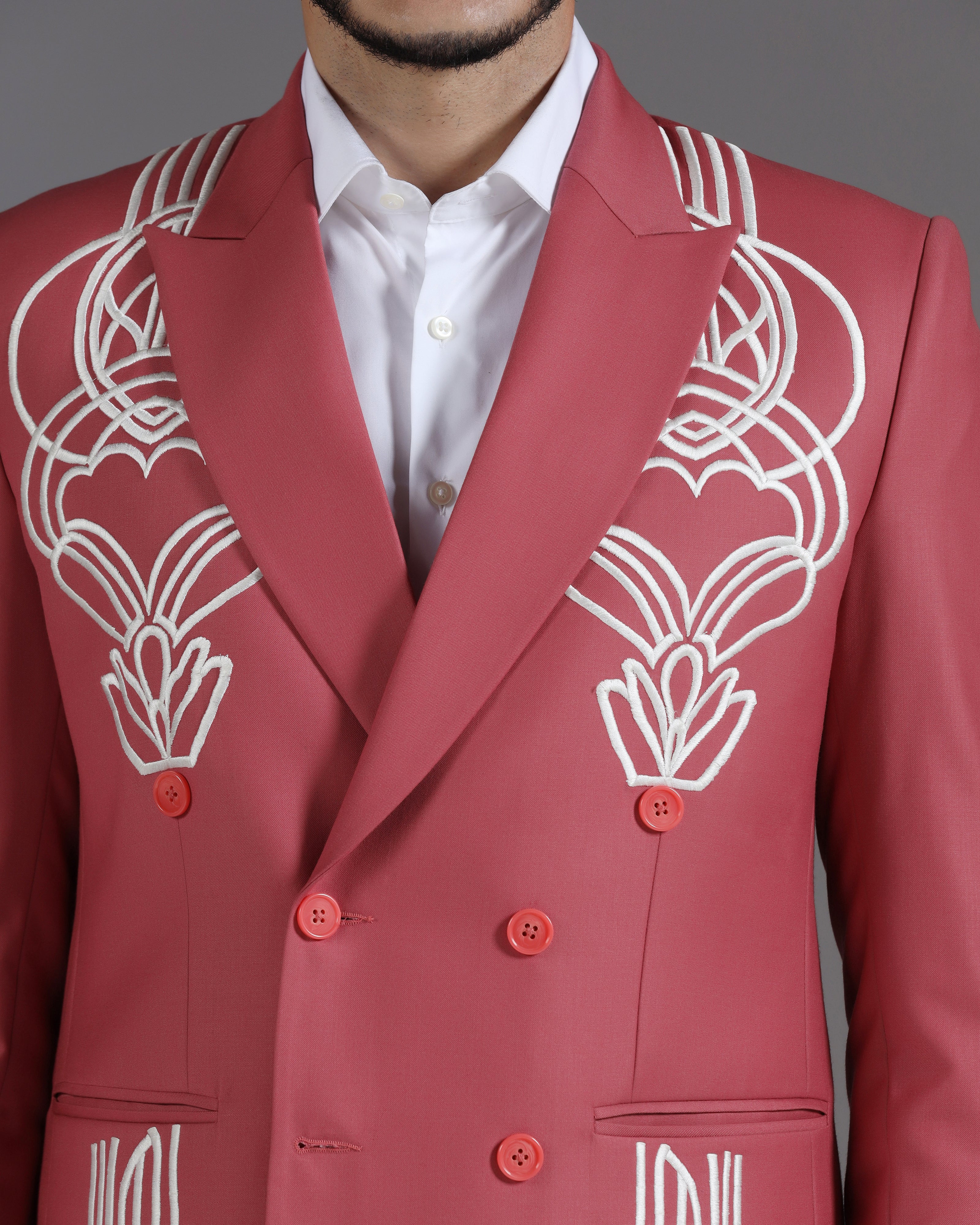 Rose Pink Double-Breasted Blazer with White Art Deco Embroidery