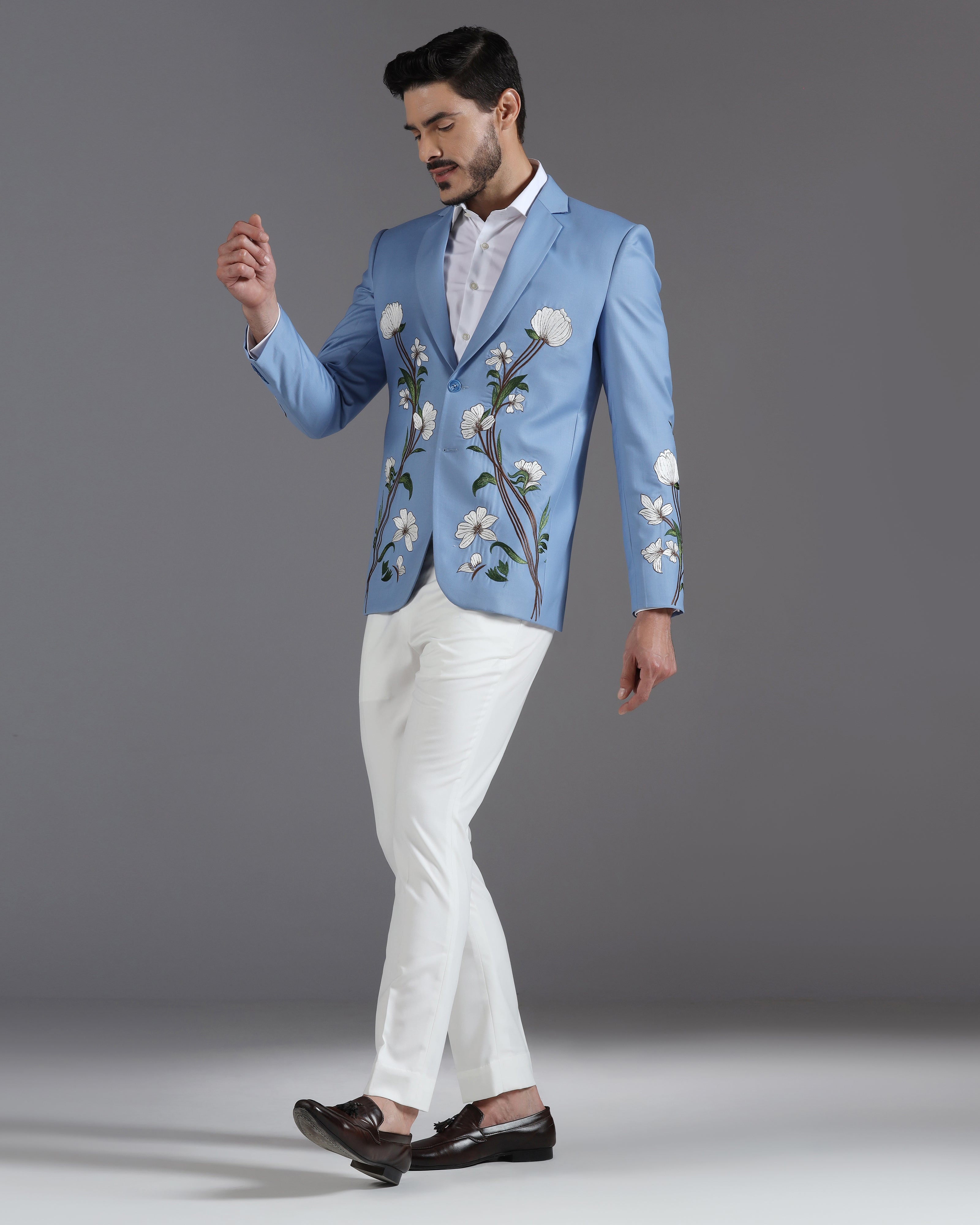 Sky Blue Floral Embroidered Suit with Ivory Trousers